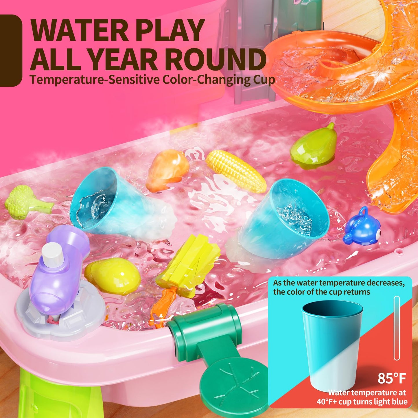 Pupu Pig Water Table Play Sink Toys for Toddlers – 360° Faucet, Floating Fishing Game, Color-Changing Cup