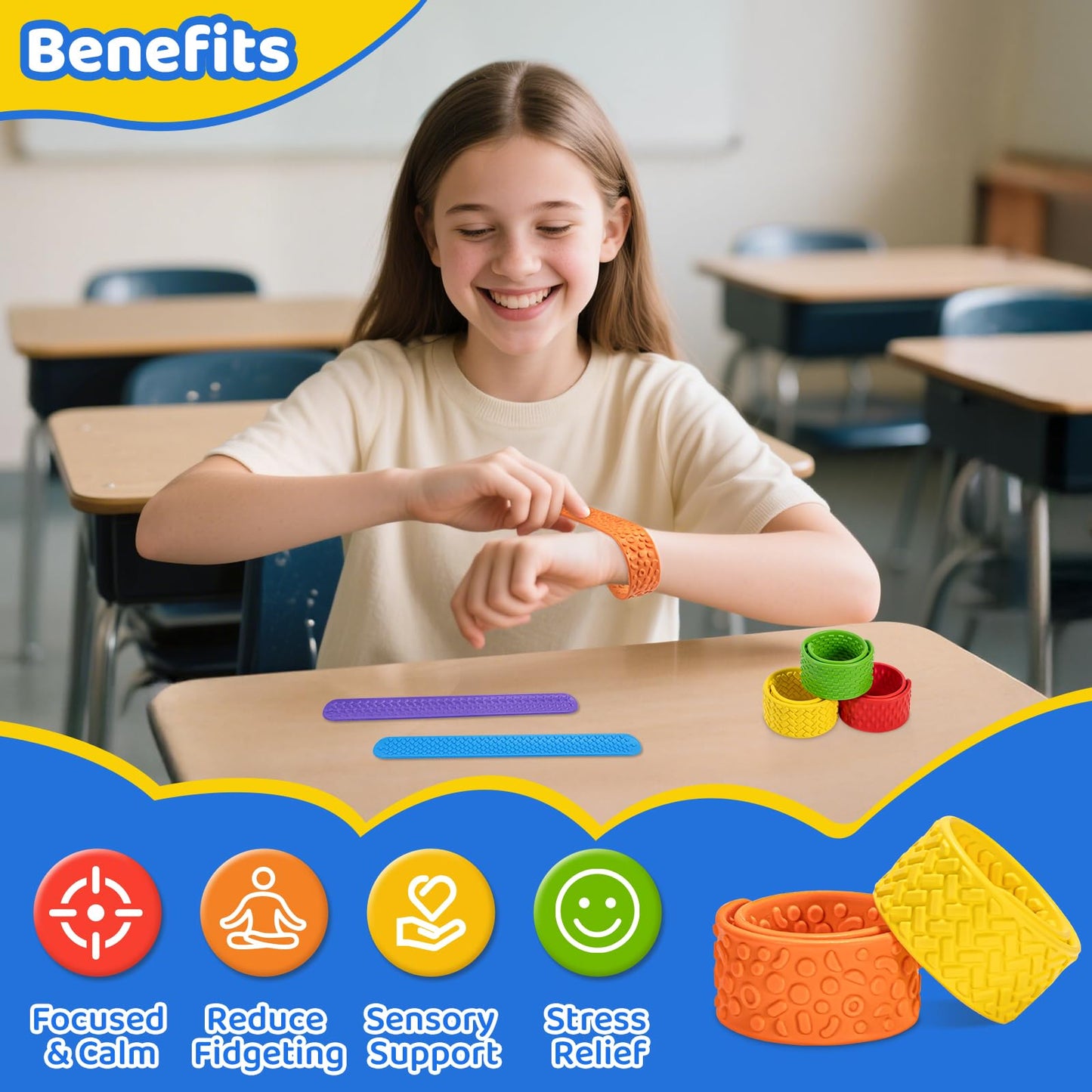 PuraEase Textured Slap Bracelets - 6-Pack Sensory Fidget Toys for Focus