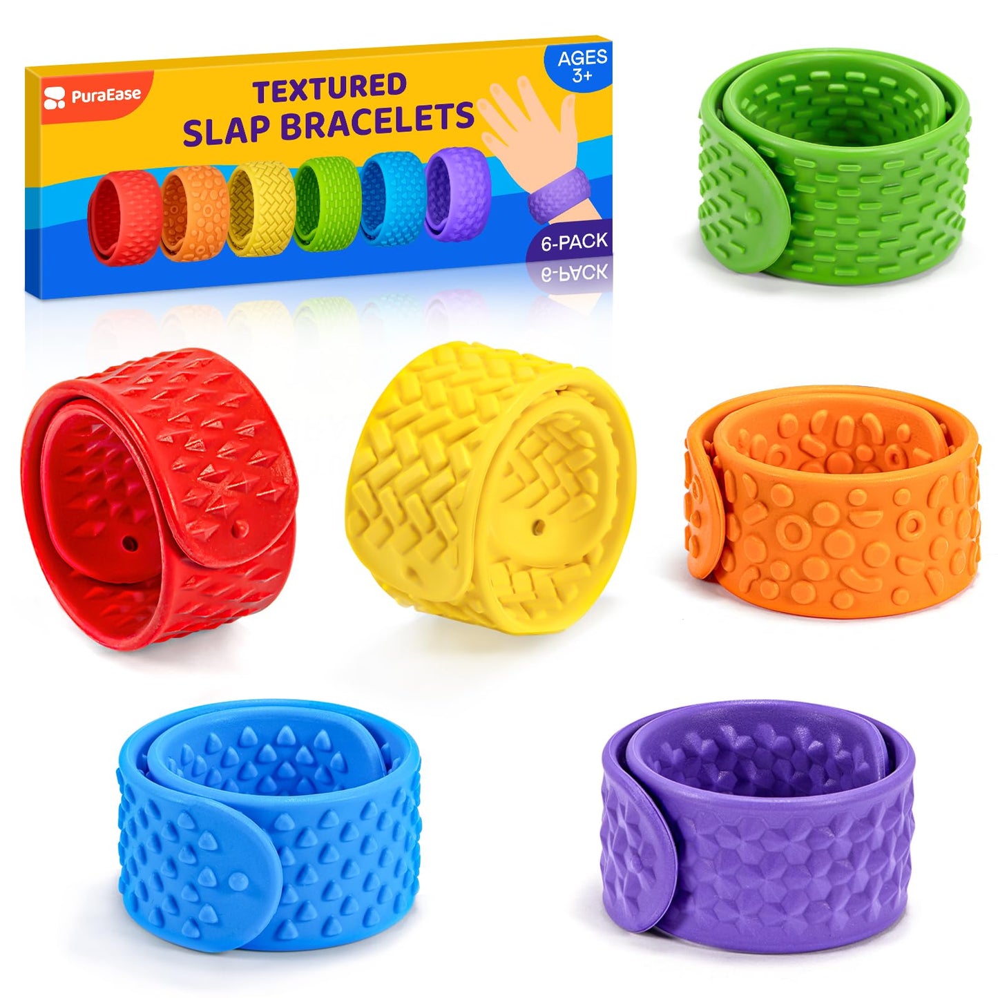 PuraEase Textured Slap Bracelets - 6-Pack Sensory Fidget Toys for Focus