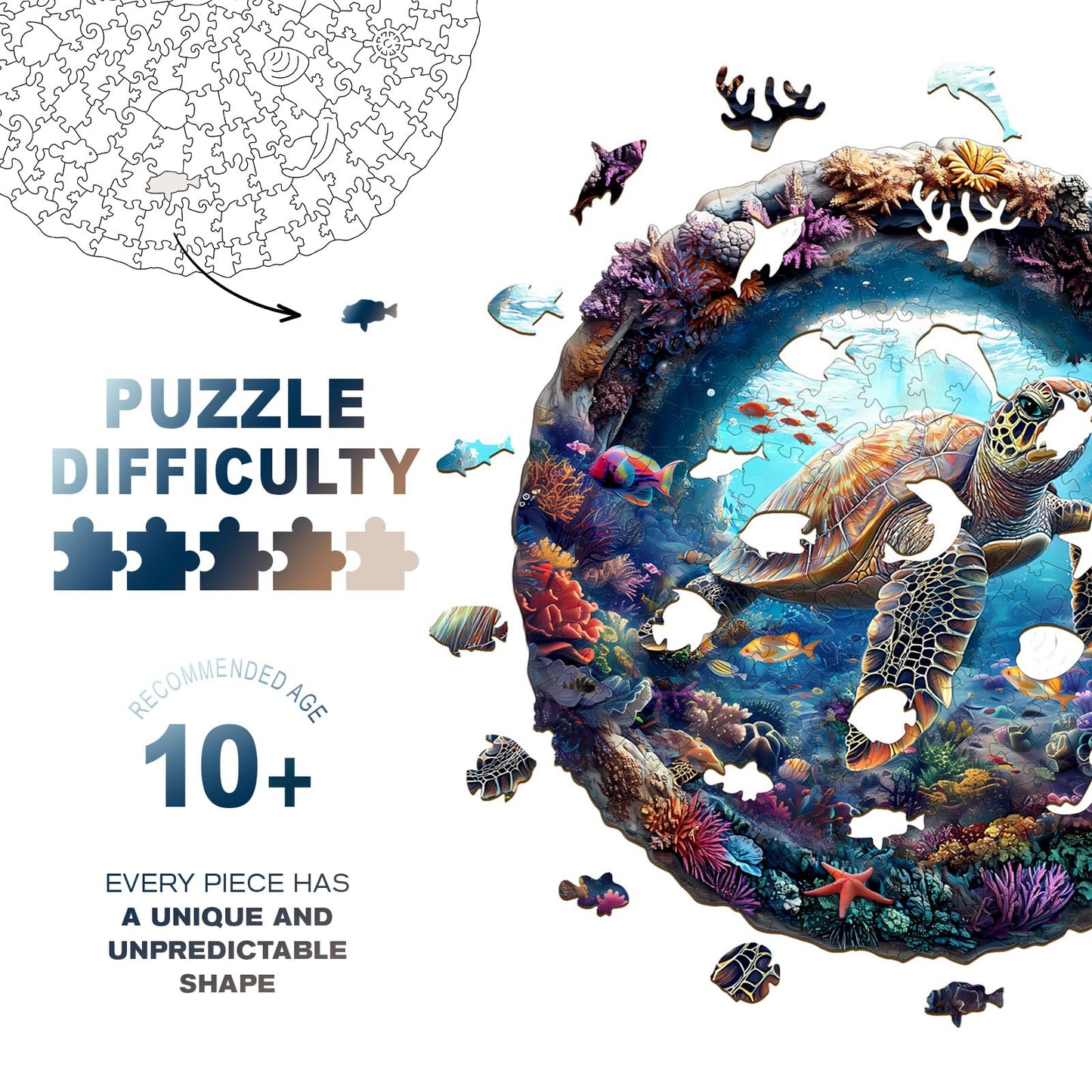 Purdicra Wooden Turtle Jigsaw Puzzle for Adults – 295 Pieces, 13.4 x 13.4 Inches, 3D Vision Design