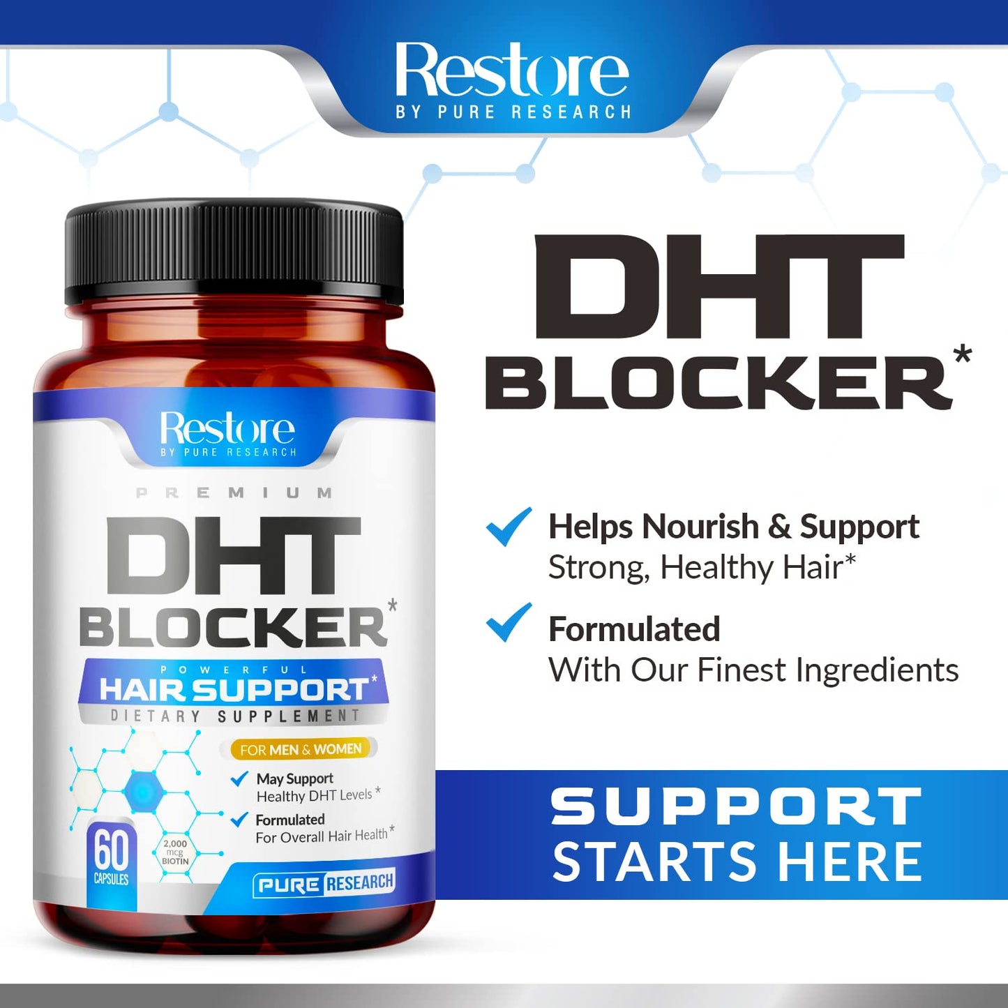 PURE RESEARCH DHT Blocker Hair Growth Support Supplement – Saw Palmetto + Hair Vitamins (60 Capsules)