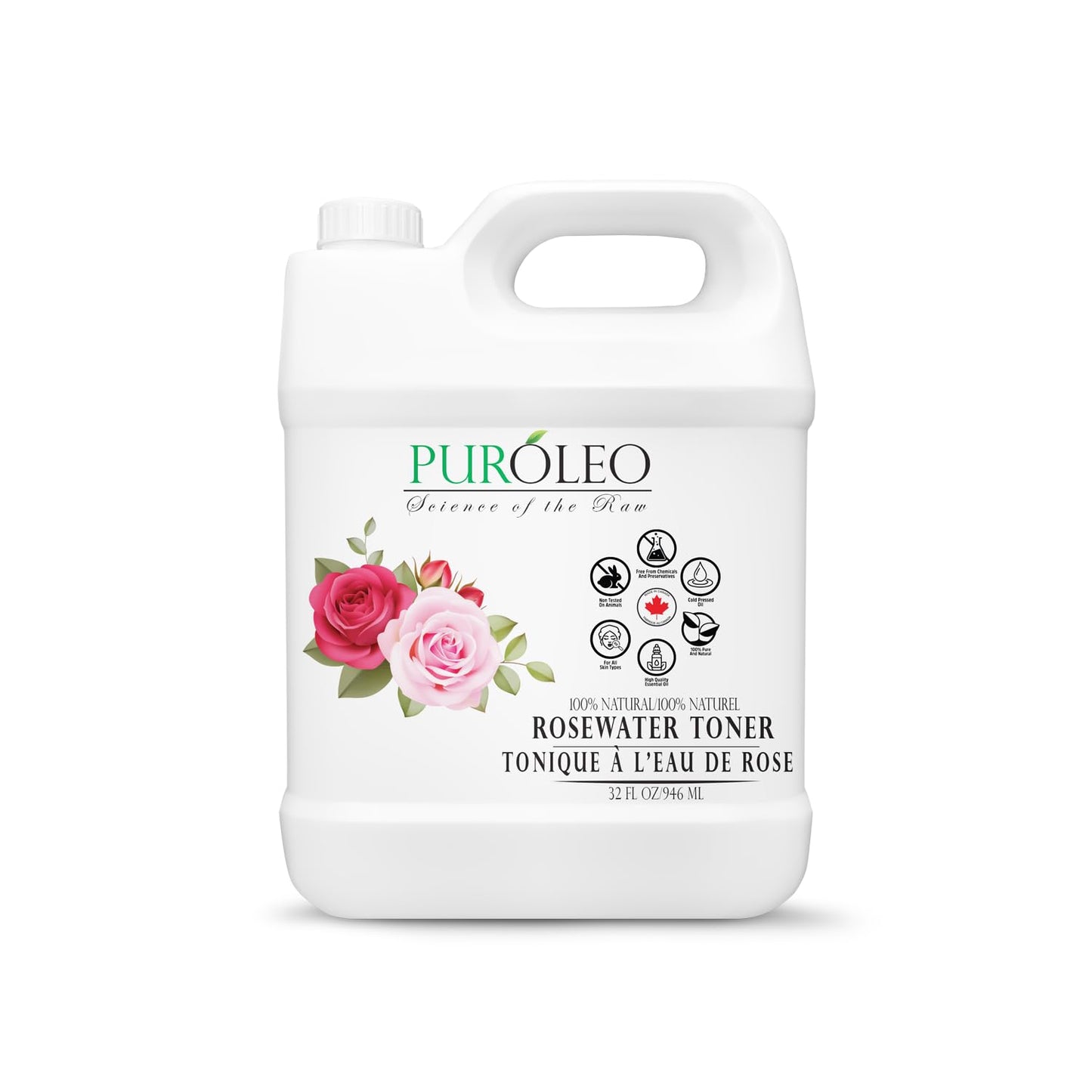 PURÓLEO Rose Water 32oz / 946ml – Pure & Natural Facial Mist, Toner, and Makeup Setting Spray | Packed in Canada