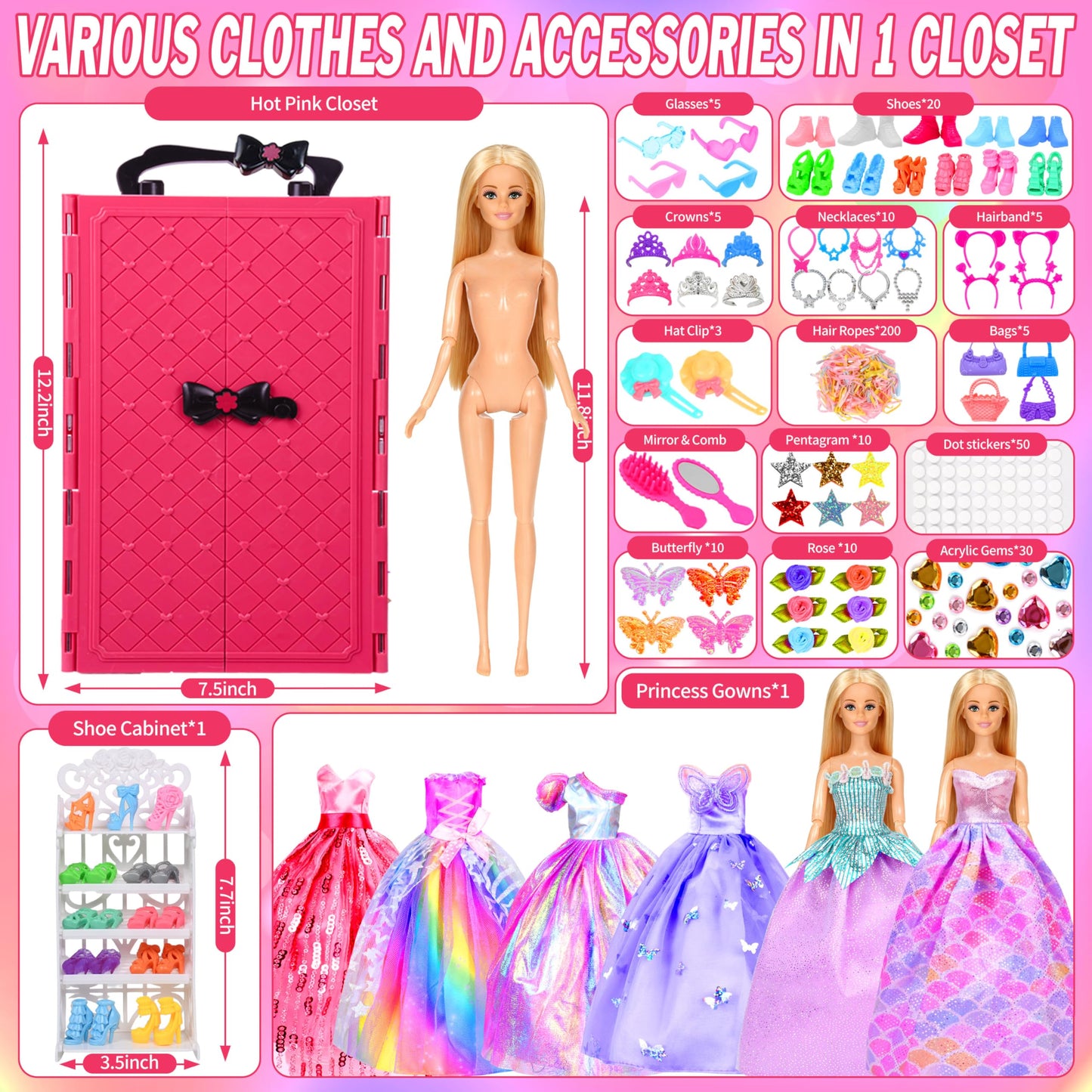 PURPERCAT 150 Pcs Doll Clothes Playset for 11.5-Inch Dolls | Princess Gowns, Dresses, Shoes & Accessories