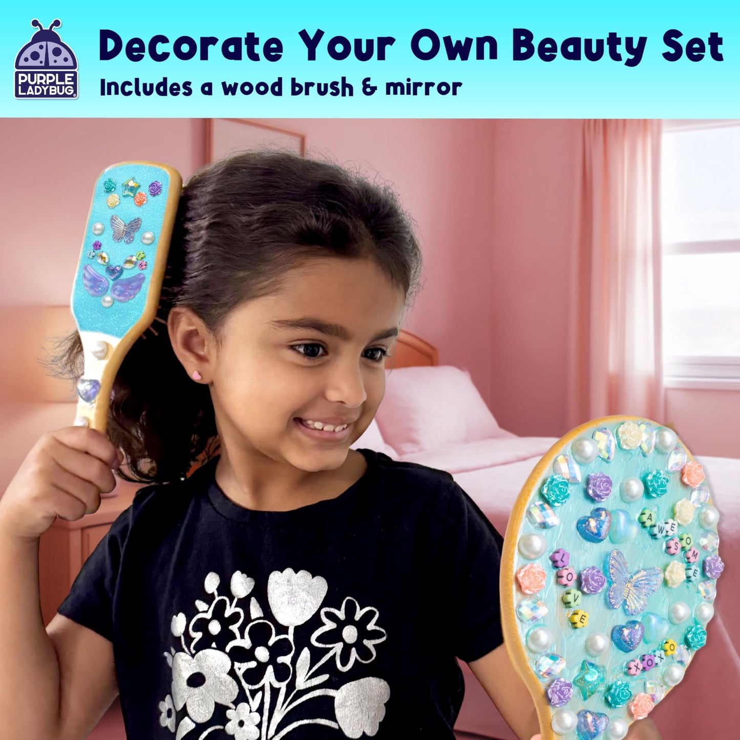 PURPLE LADYBUG Decorate Your Own Wooden Mirror & Brush Set – DIY Art Kit for Girls 4–12