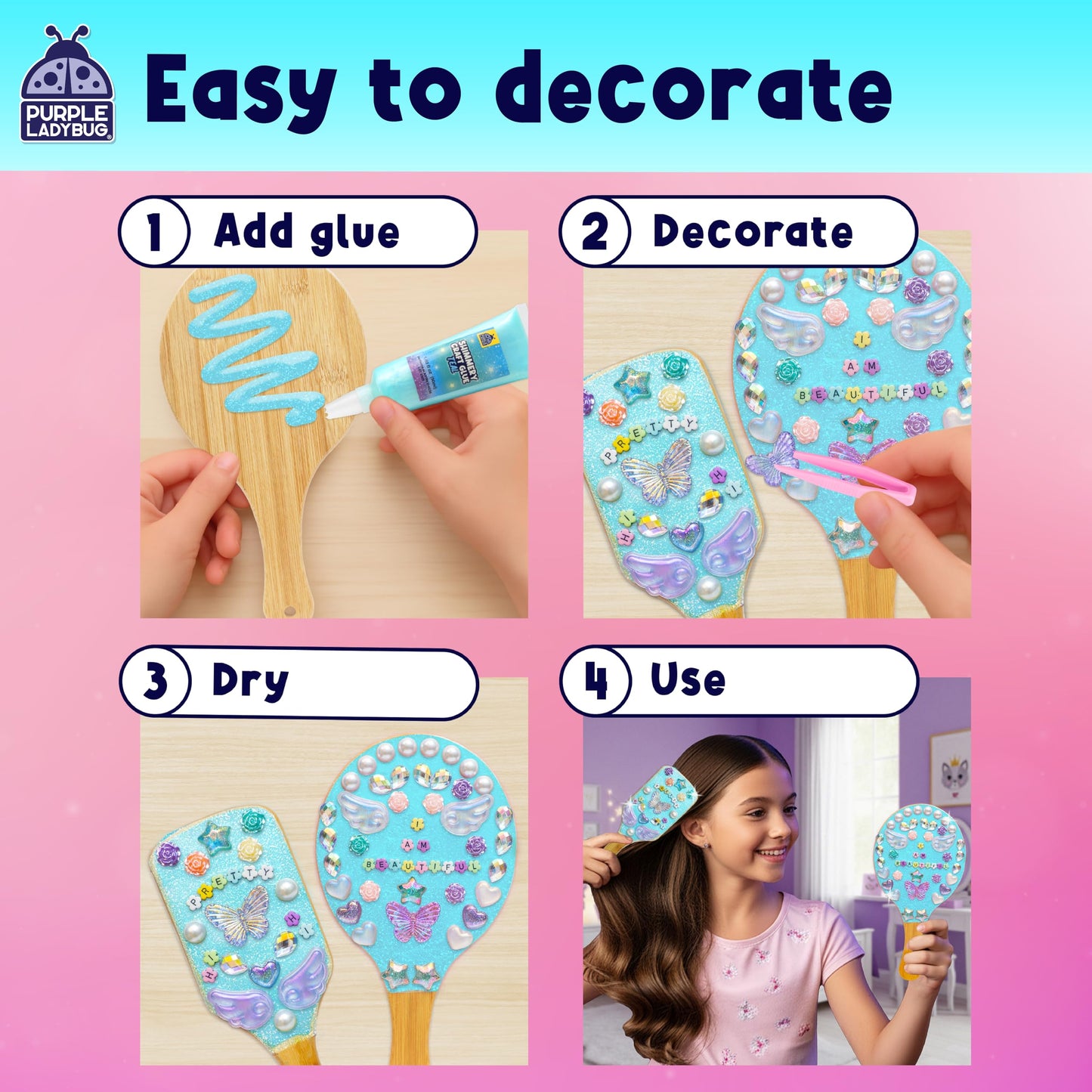 PURPLE LADYBUG Decorate Your Own Wooden Mirror & Brush Set – DIY Art Kit for Girls 4–12