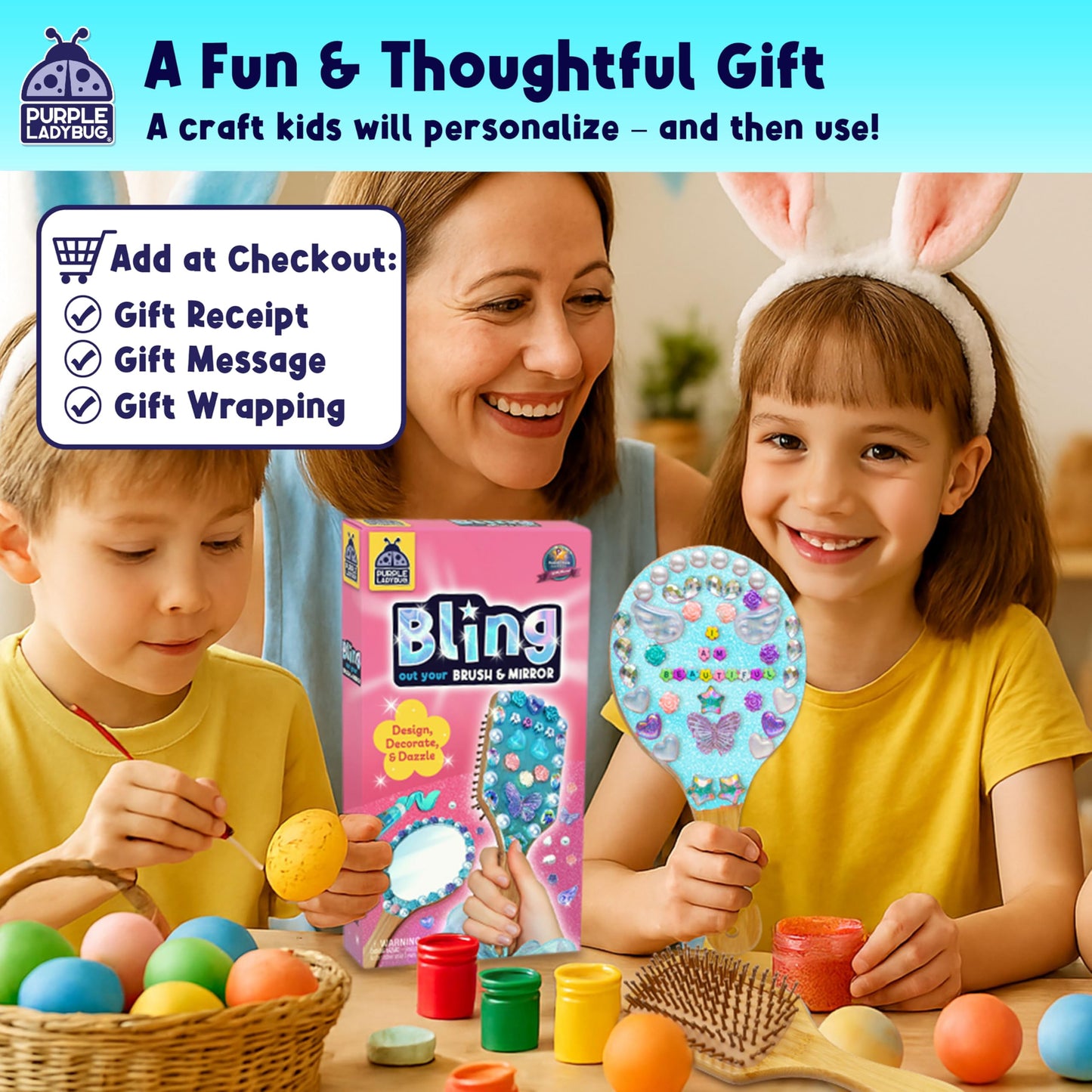 PURPLE LADYBUG Decorate Your Own Wooden Mirror & Brush Set – DIY Art Kit for Girls 4–12