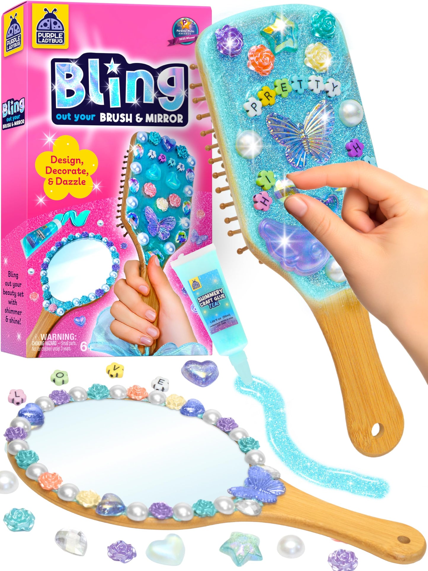 PURPLE LADYBUG Decorate Your Own Wooden Mirror & Brush Set – DIY Art Kit for Girls 4–12