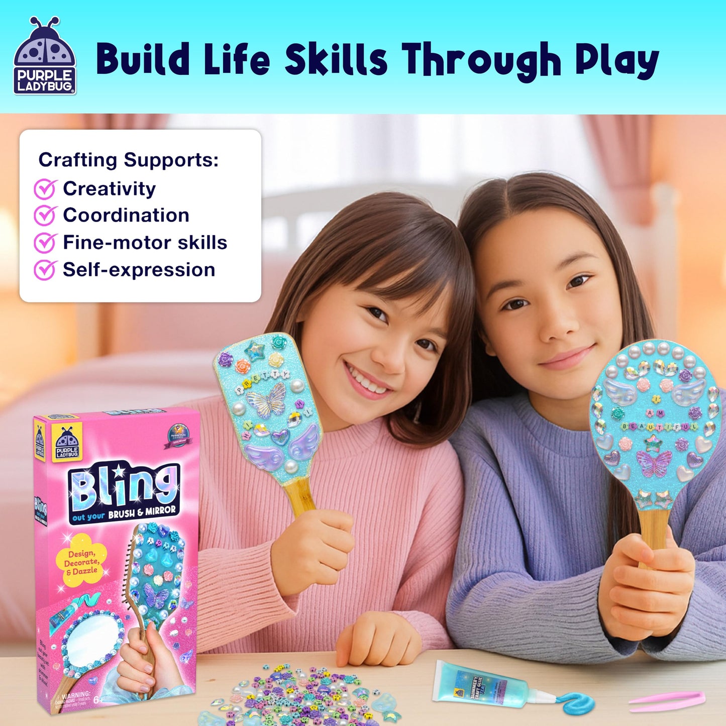 PURPLE LADYBUG Decorate Your Own Wooden Mirror & Brush Set – DIY Art Kit for Girls 4–12
