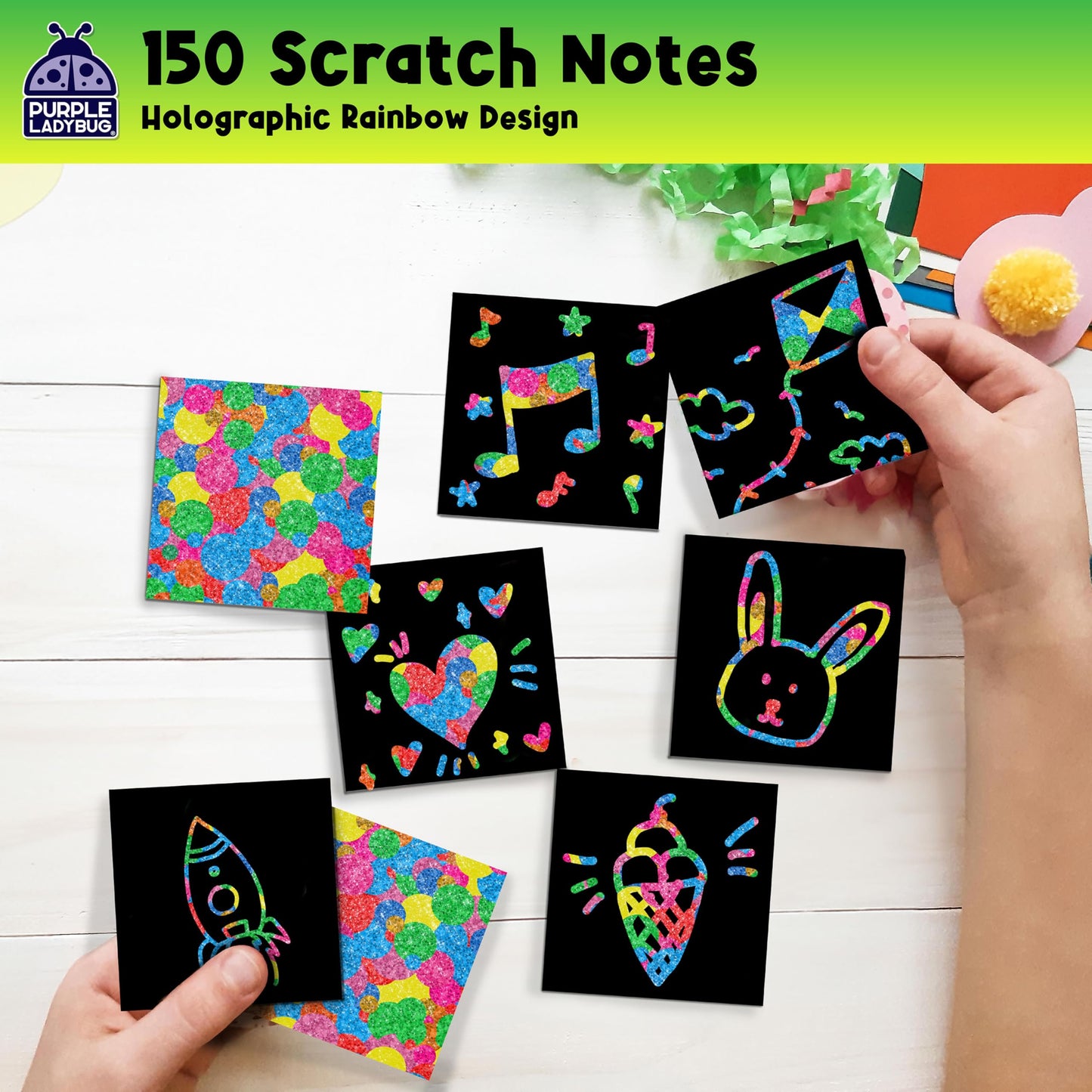 PURPLE LADYBUG Rainbow Holographic Scratch Art Mini Notes – 150 Sheets, No Mess Kids Gift