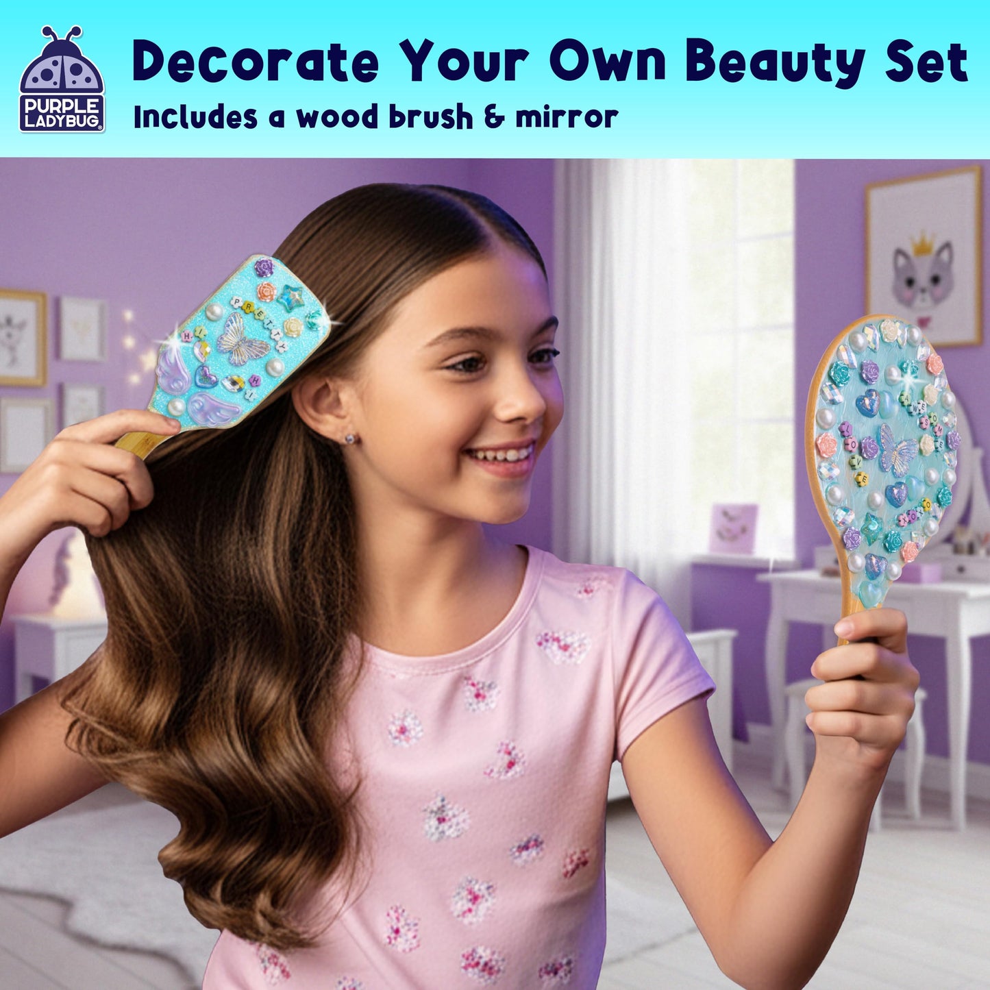 PURPLE LADYBUG Decorate Your Own Wooden Mirror & Brush Set – DIY Art Kit for Girls 4–12