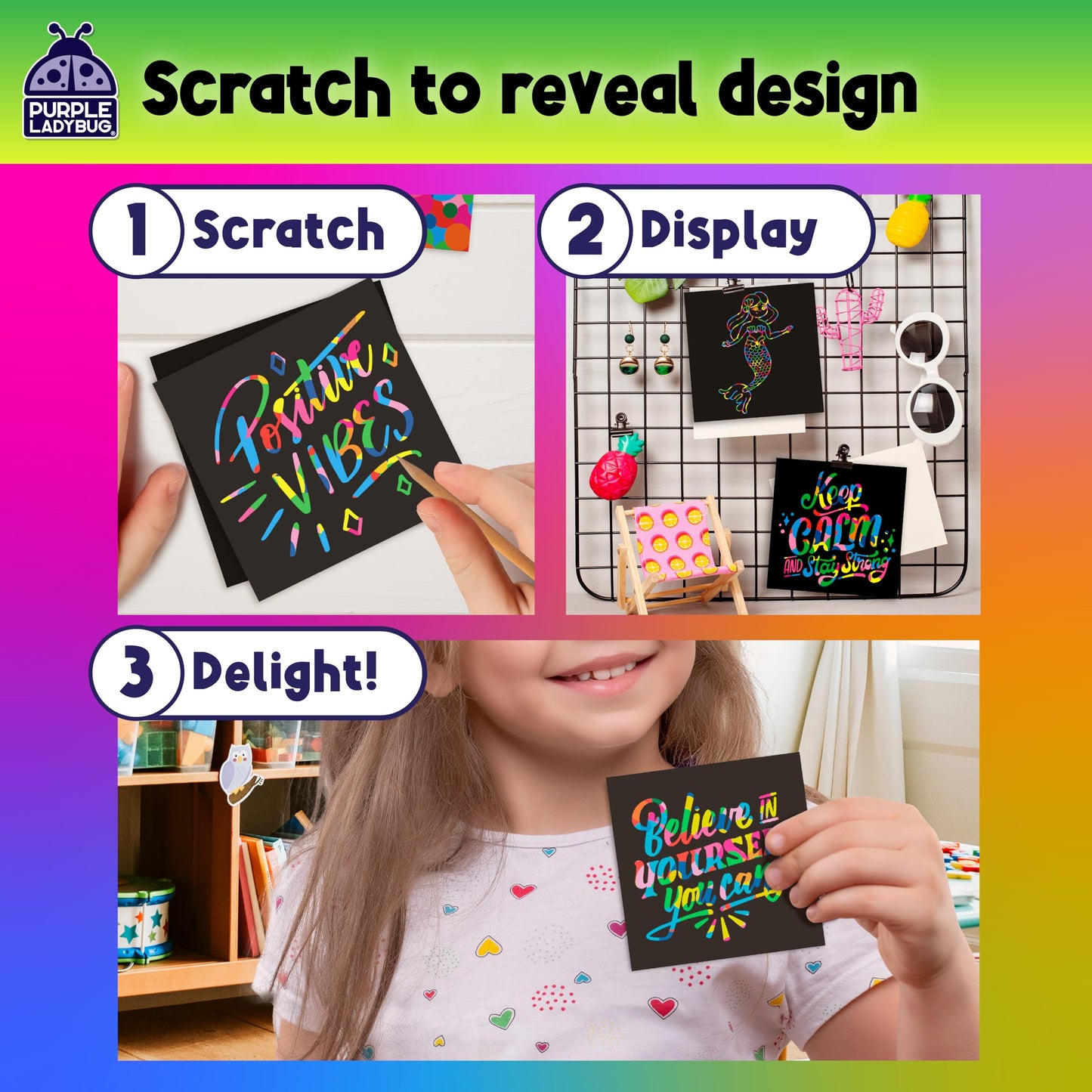Purple Ladybug Rainbow Scratch Art Mini Notes – 150 Cards for Kids