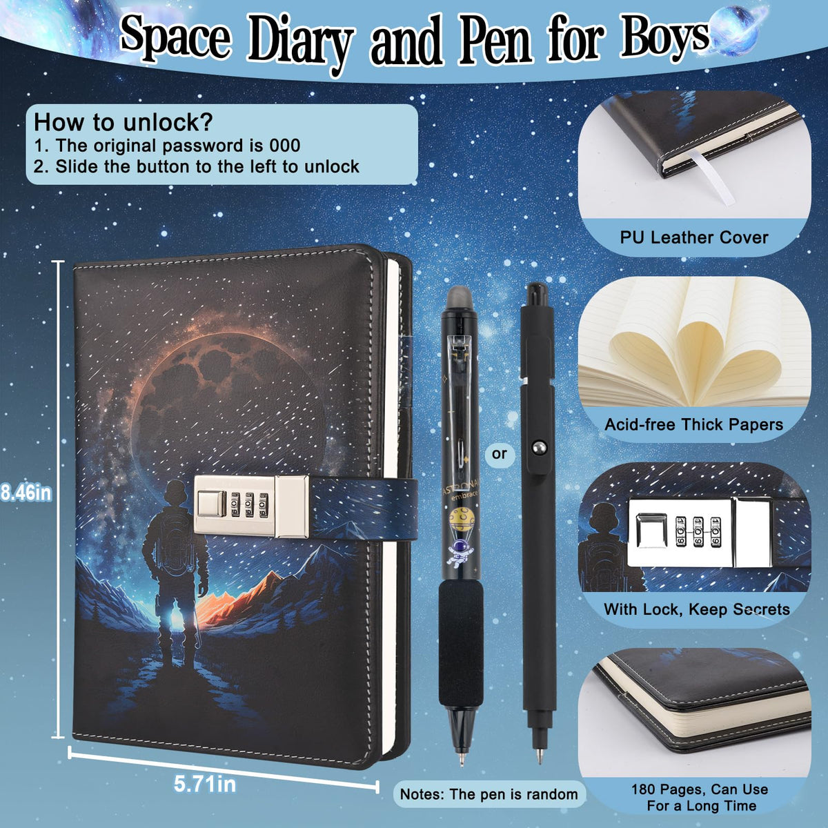 Purtarly Space Diary with Lock for Boys 8-18 | Travel Journal with Pen Gift