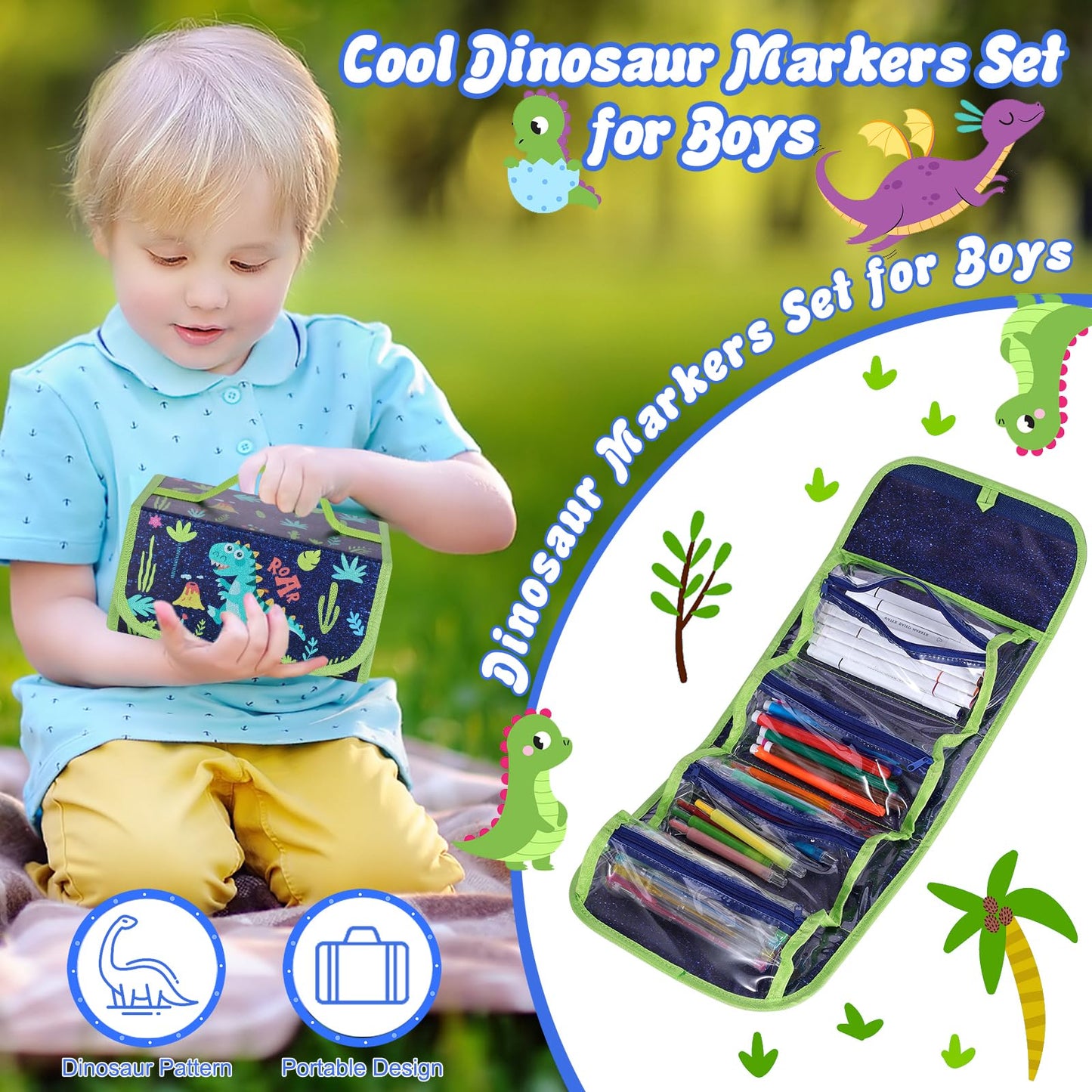Purtarly Dinosaur Markers for Kids 4-8 with Pencil Case | 48-Piece Scented & Multi-Style Markers Set