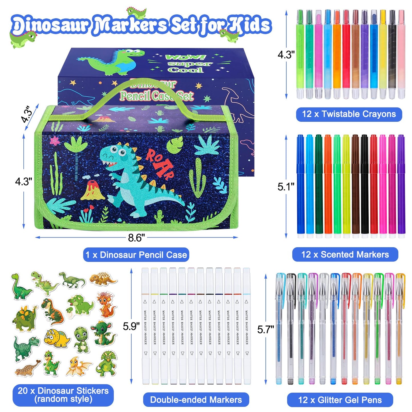 Purtarly Dinosaur Markers for Kids 4-8 with Pencil Case | 48-Piece Scented & Multi-Style Markers Set