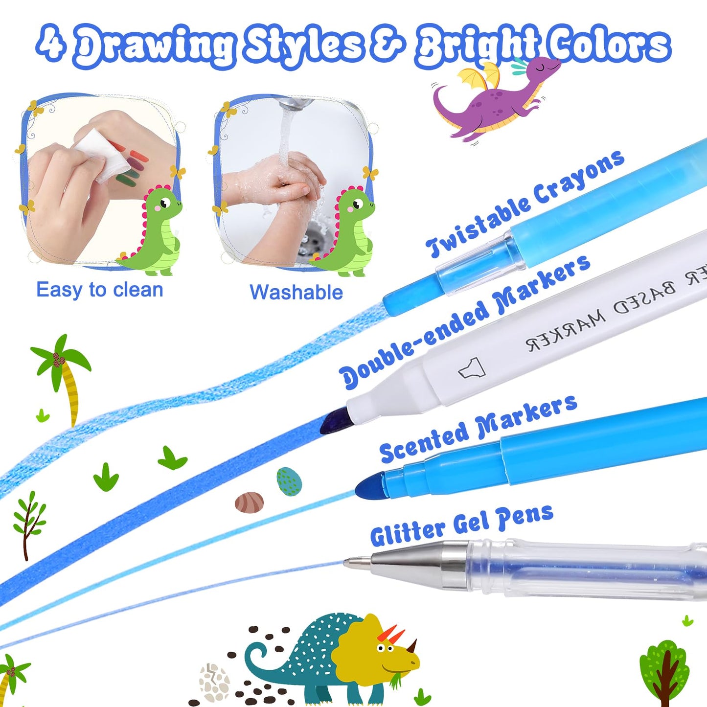 Purtarly Dinosaur Markers for Kids 4-8 with Pencil Case | 48-Piece Scented & Multi-Style Markers Set