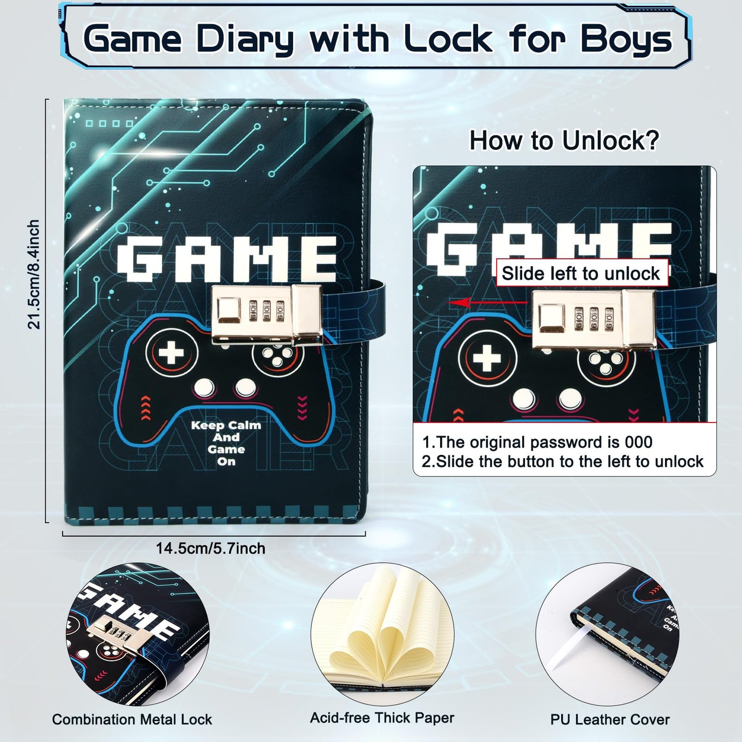 Purtarly Diary with Lock for Boys – Game Journal for Ages 8-18