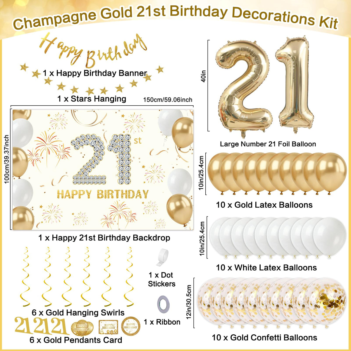 Purtarly 21st Birthday Decorations for Her – Champagne Gold Party Kit