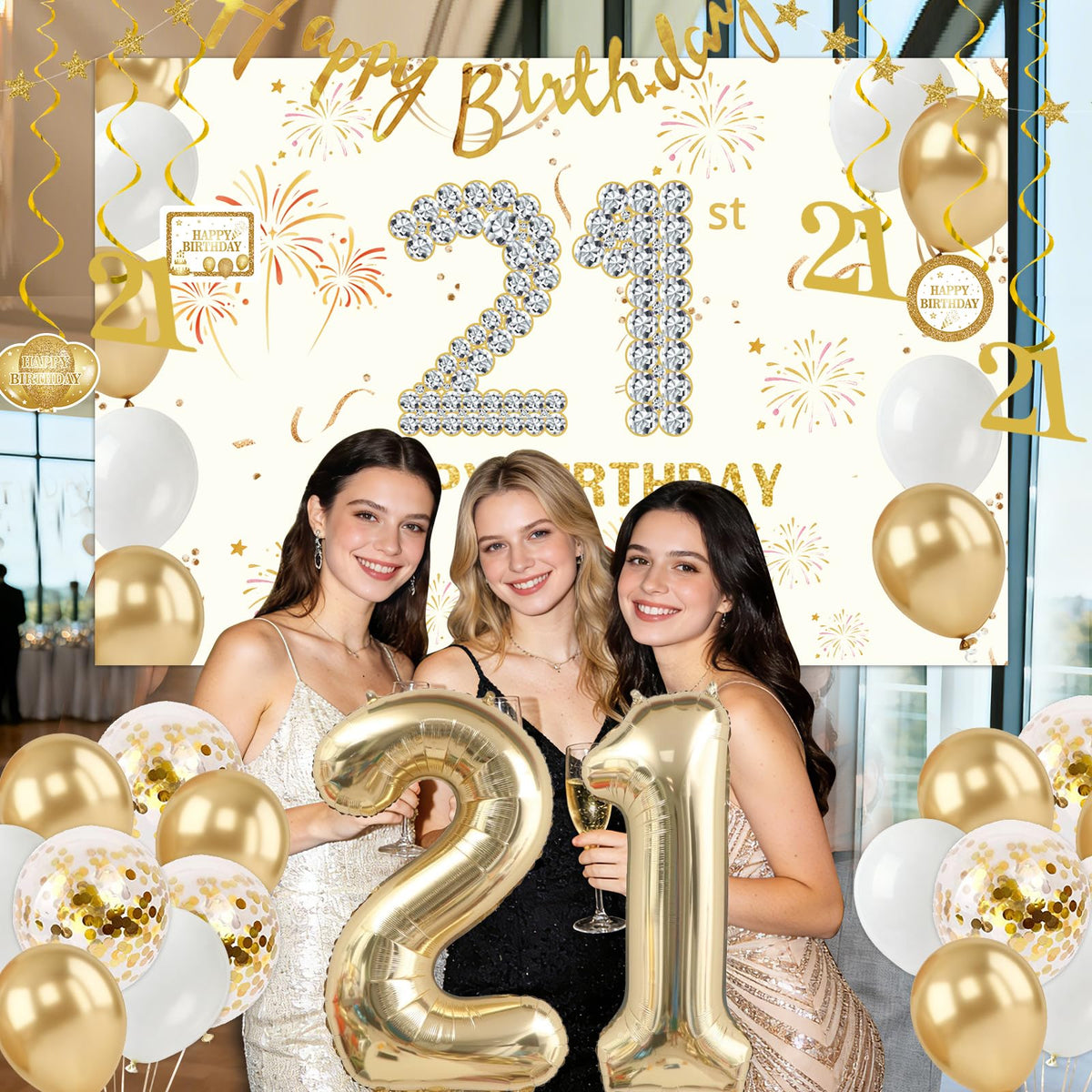 Purtarly 21st Birthday Decorations for Her – Champagne Gold Party Kit