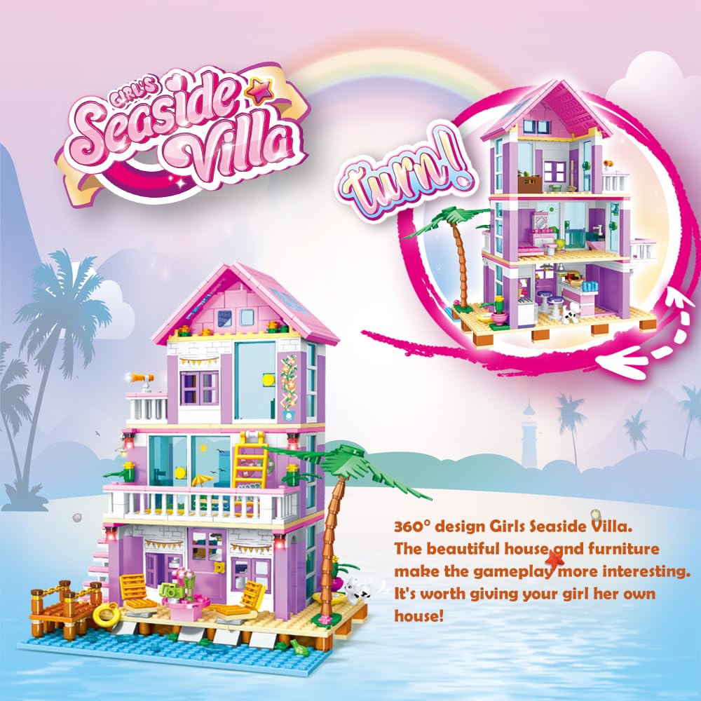 PUSITI Seaside Villa Building Set – 573-Piece Beach Cottage Blocks for Girls 6+