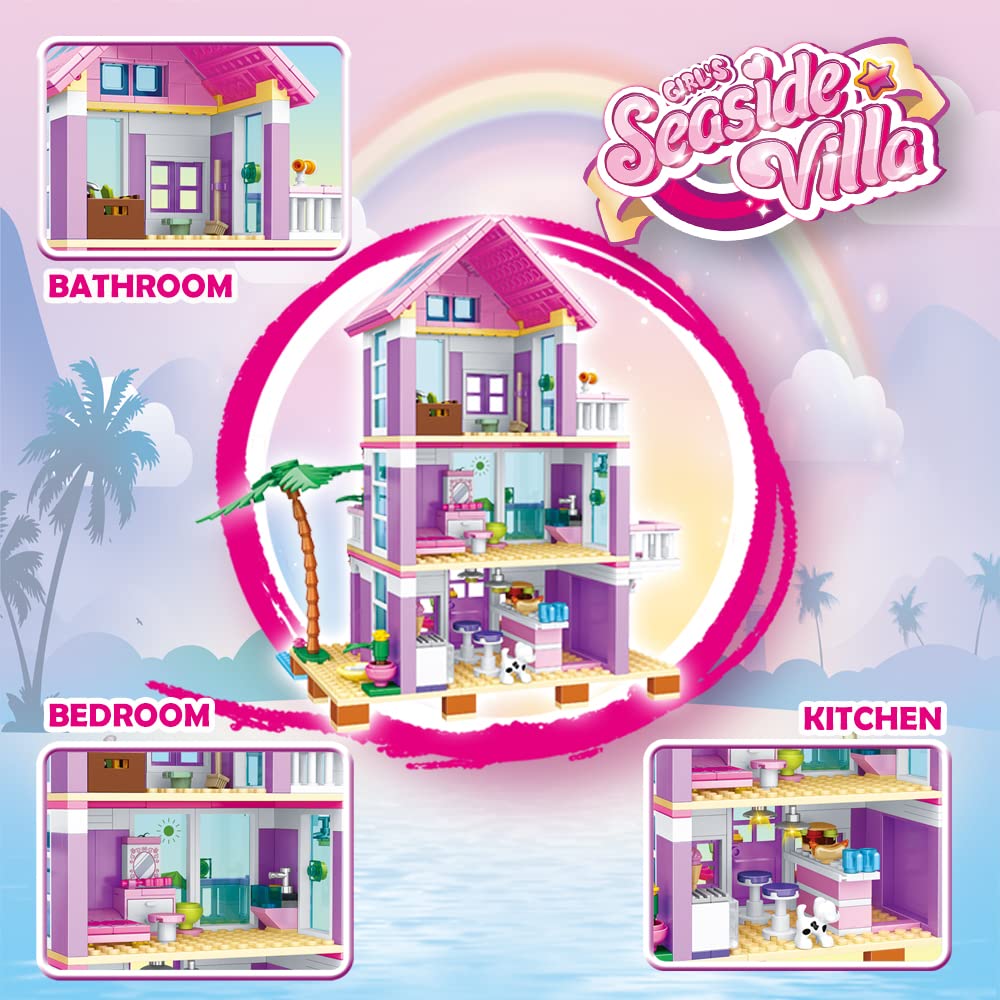 PUSITI Seaside Villa Building Set – 573-Piece Beach Cottage Blocks for Girls 6+