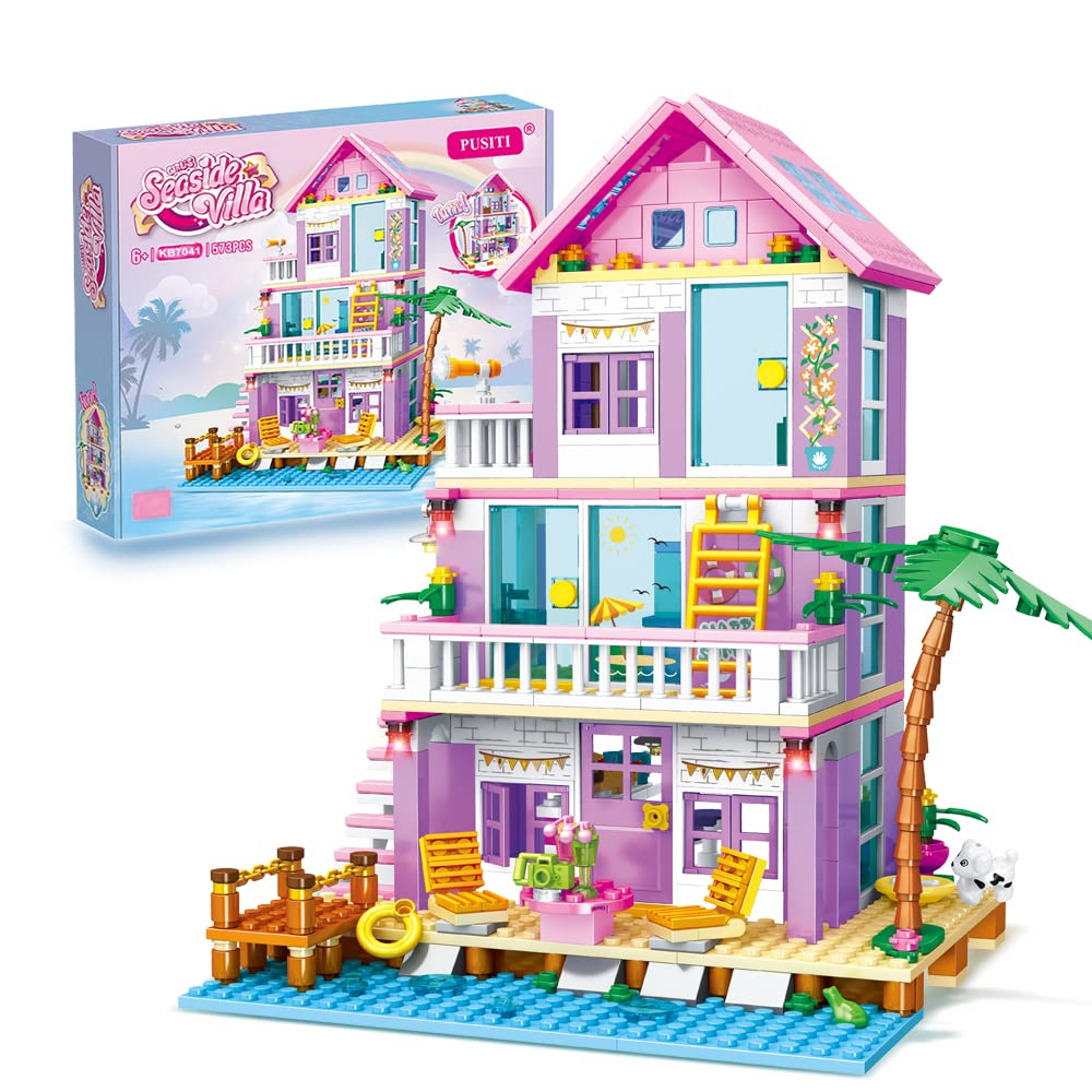 PUSITI Seaside Villa Building Set – 573-Piece Beach Cottage Blocks for Girls 6+