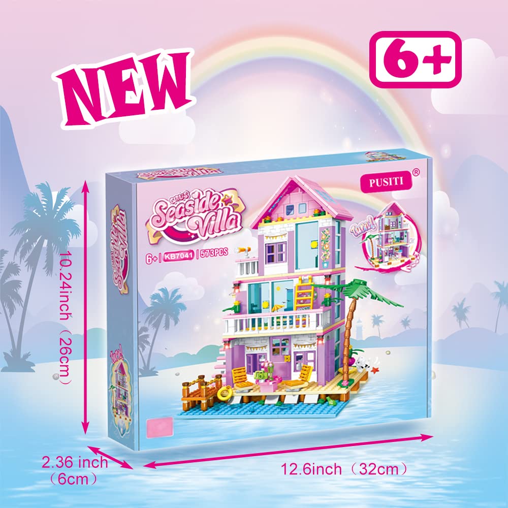PUSITI Seaside Villa Building Set – 573-Piece Beach Cottage Blocks for Girls 6+