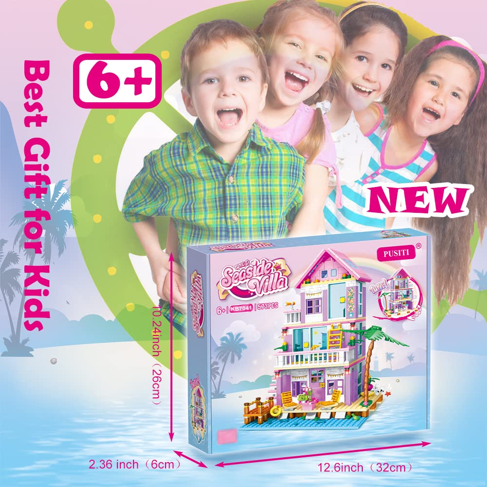 PUSITI Seaside Villa Building Set – 573-Piece Beach Cottage Blocks for Girls 6+