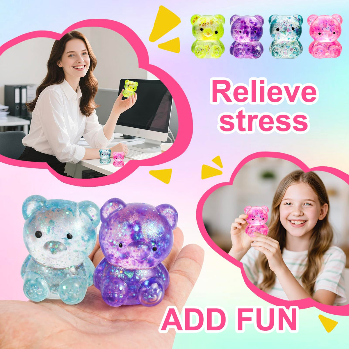 Pusotal 8-Pack Bear Squishy Toys – Glitter Fidget Balls for Stress Relief & Sensory Play