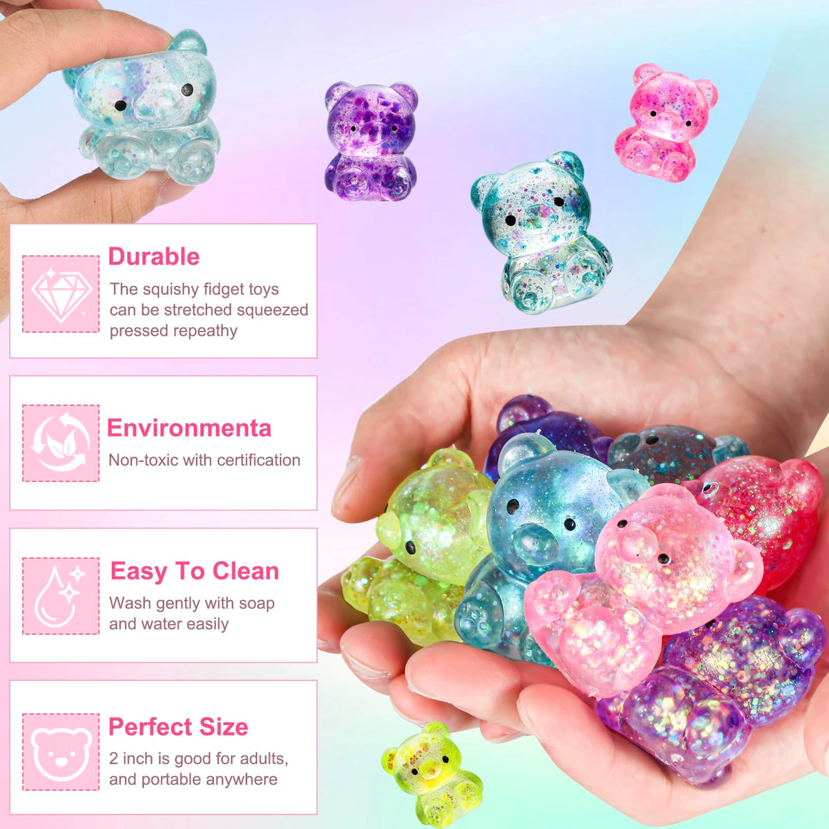 Pusotal 8-Pack Bear Squishy Toys – Glitter Fidget Balls for Stress Relief & Sensory Play