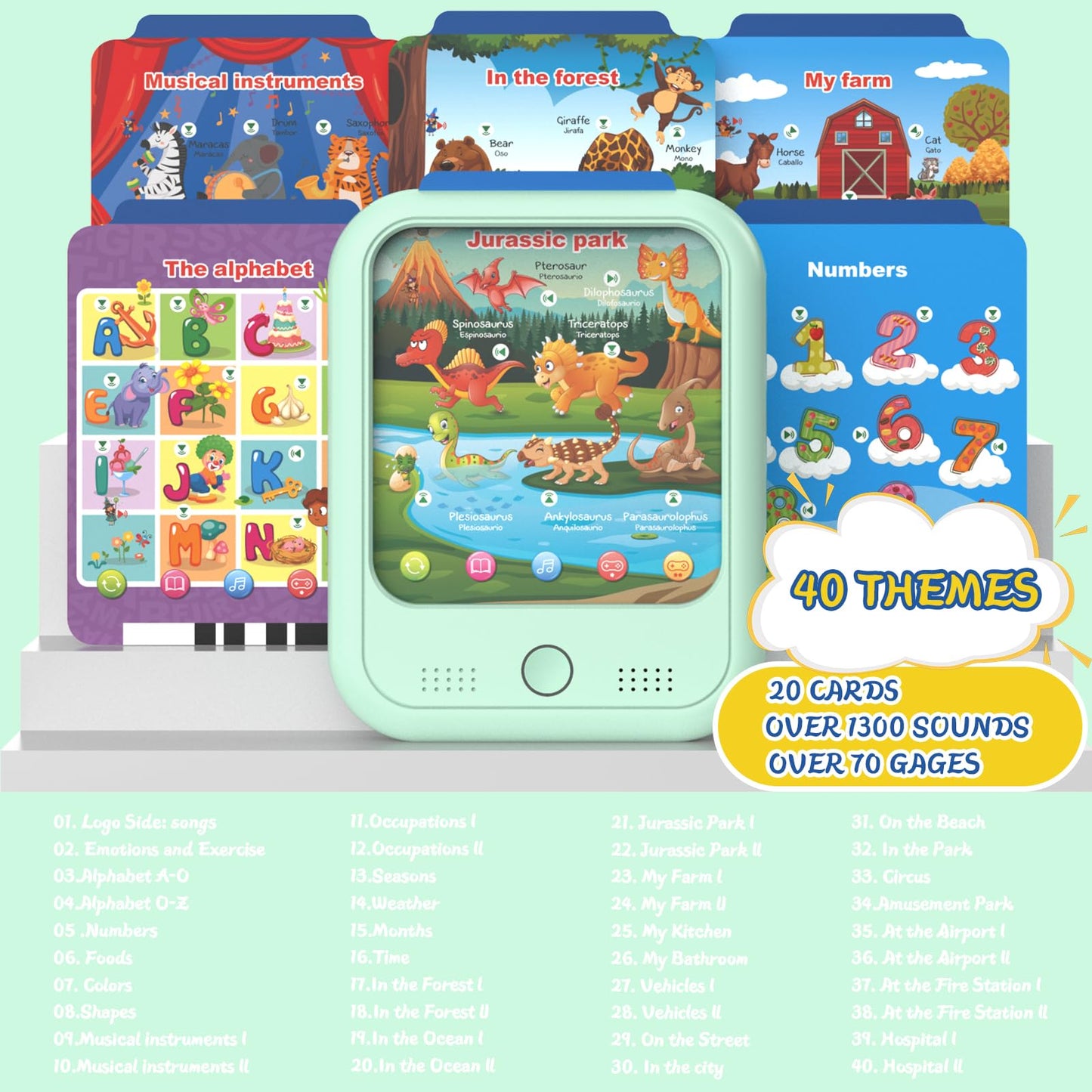 Puzcande Kids Educational Learning Tablet Toy | Bilingual English/Spanish | 40 Themes | Screenless