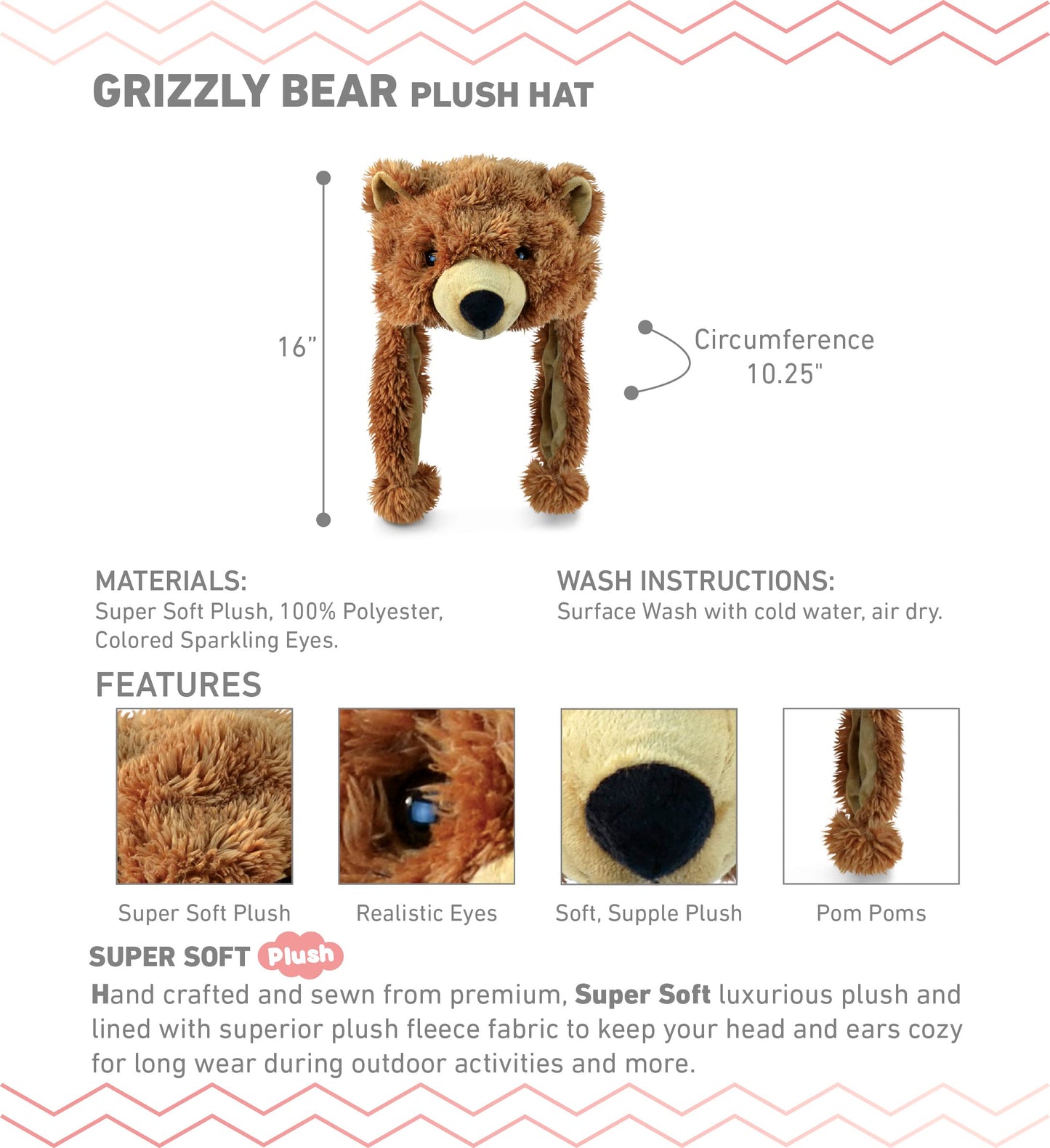 Puzzled Brown Grizzly Bear Hat – Plush Ear-Flap Beanie for All Ages