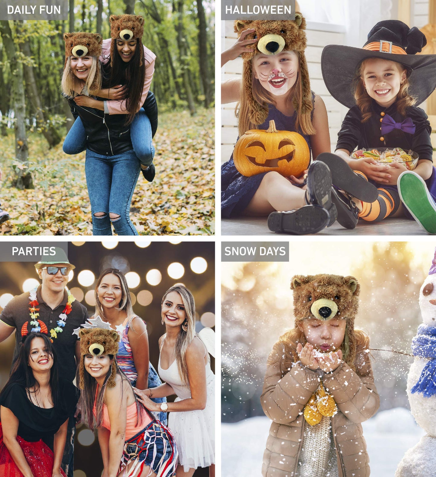Puzzled Brown Grizzly Bear Hat – Plush Ear-Flap Beanie for All Ages
