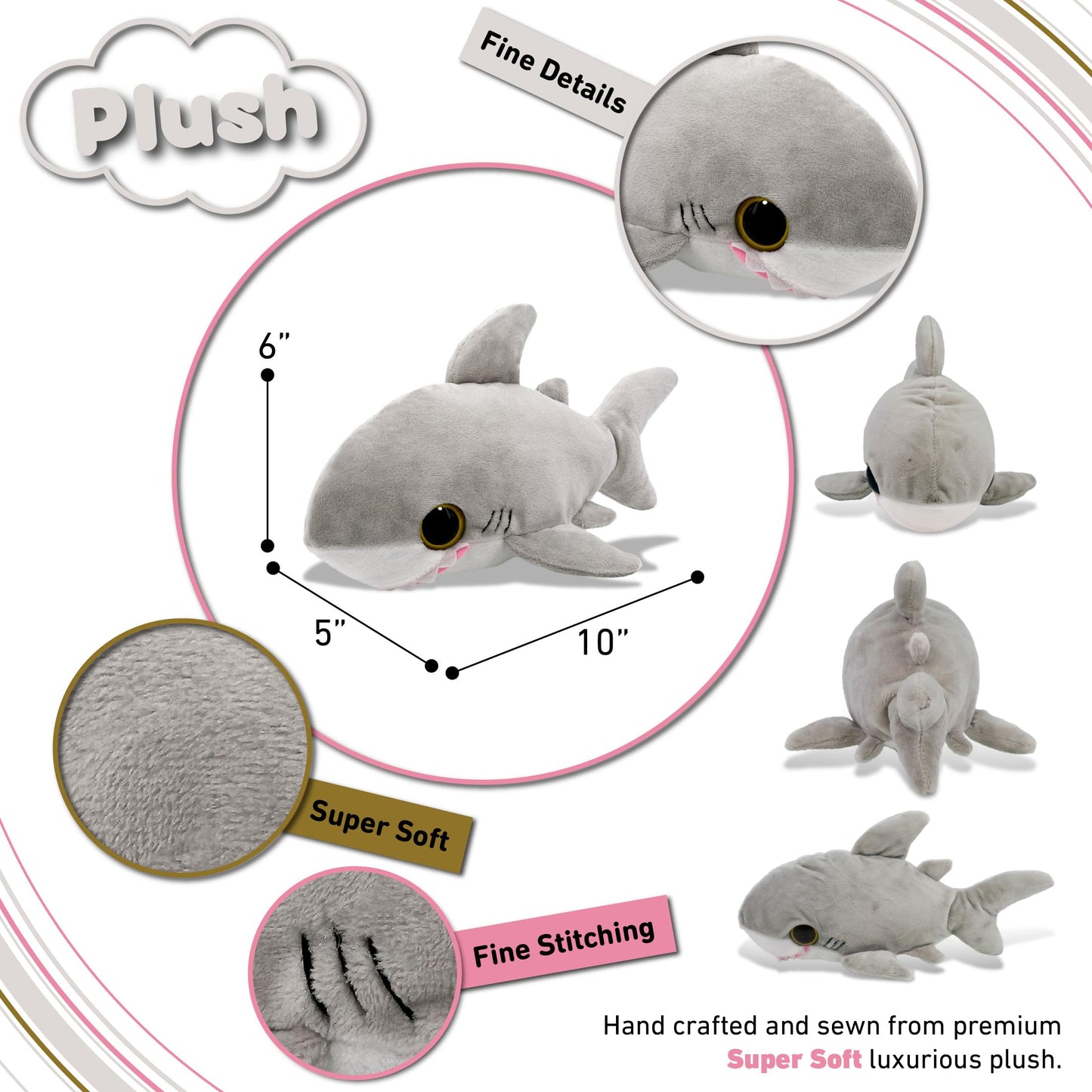 Puzzled Plush Shark 6-Inch Big Eye Grey Shark – Soft Cuddle Toy for Kids & Adults