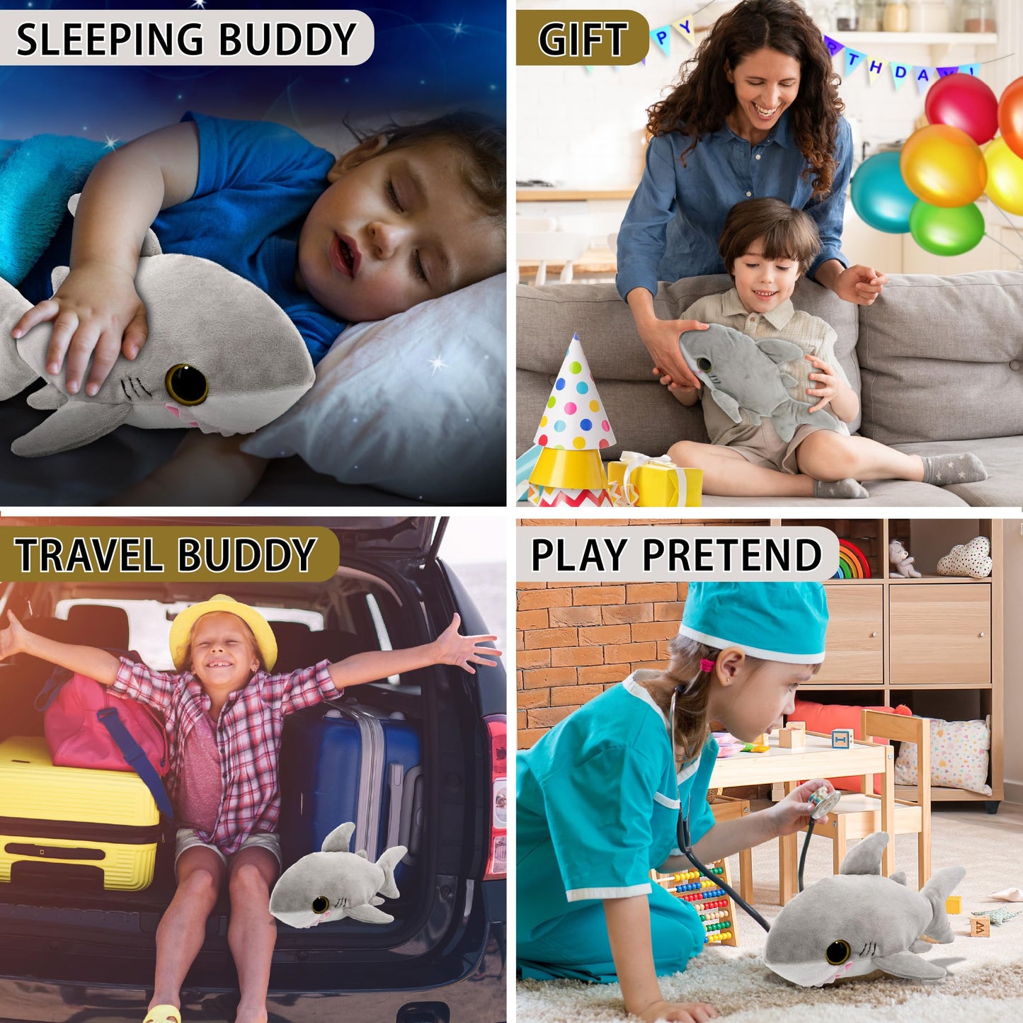 Puzzled Plush Shark 6-Inch Big Eye Grey Shark – Soft Cuddle Toy for Kids & Adults