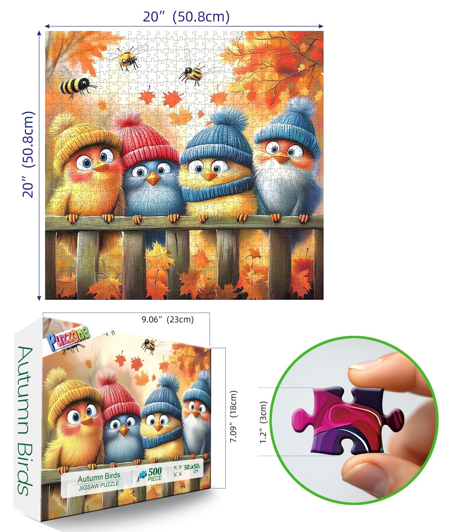 PuzzOne Autumn Birds 500-Piece Jigsaw Puzzle for Adults — Cute Fall Nature with Letters on Back