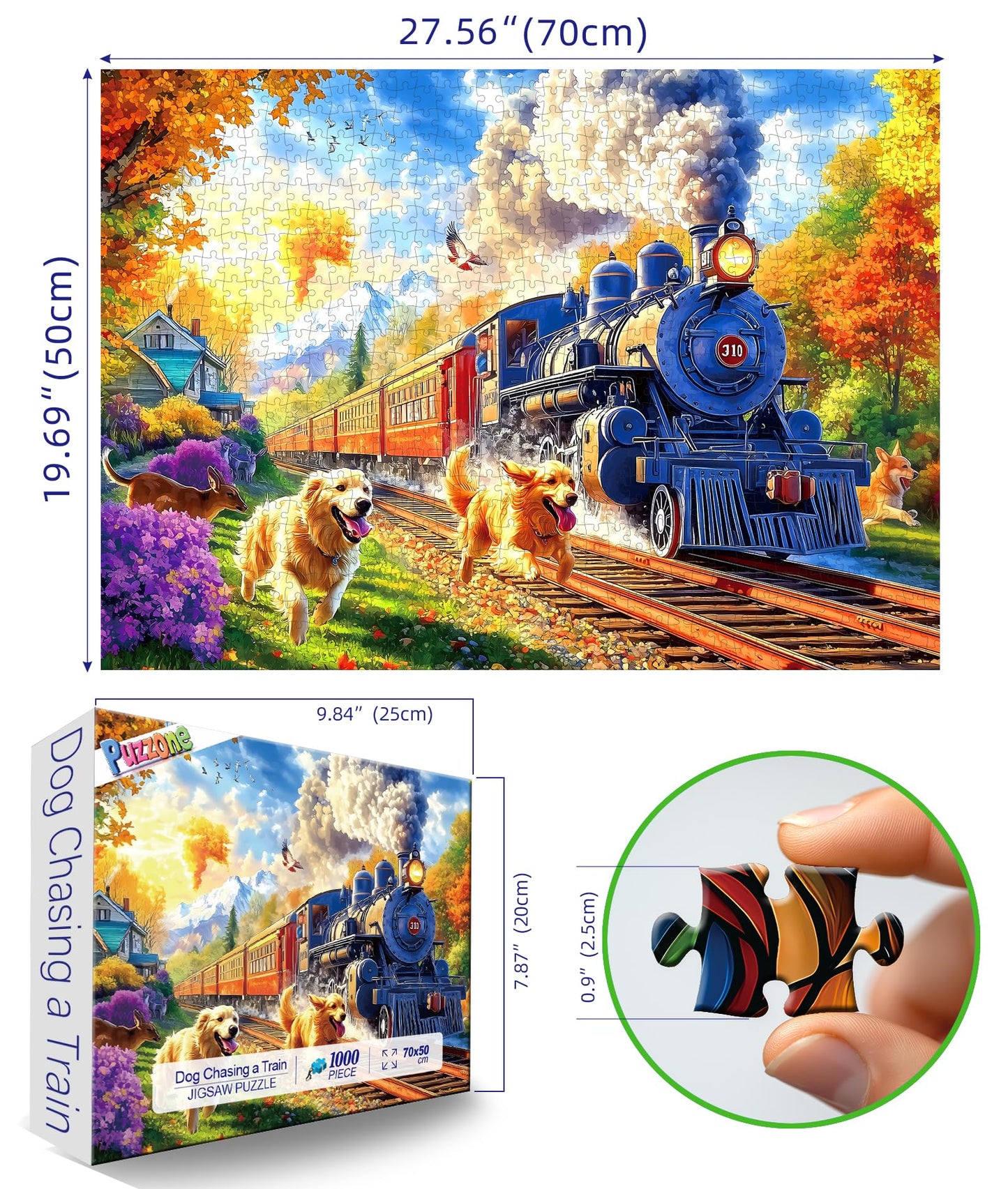 PuzzOne 1000-Piece Puzzle for Adults — Vintage Steam Train & Golden Retrievers (27.5 x 19.7 in)