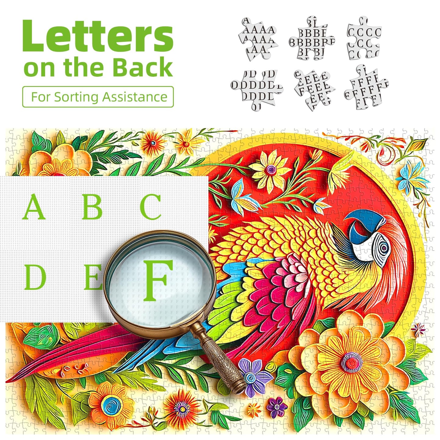 PuzzOne 1000 Piece Puzzle for Adults – Colorful Parrot & Floral Design with Lettered Back, 27.5in x 19.7in