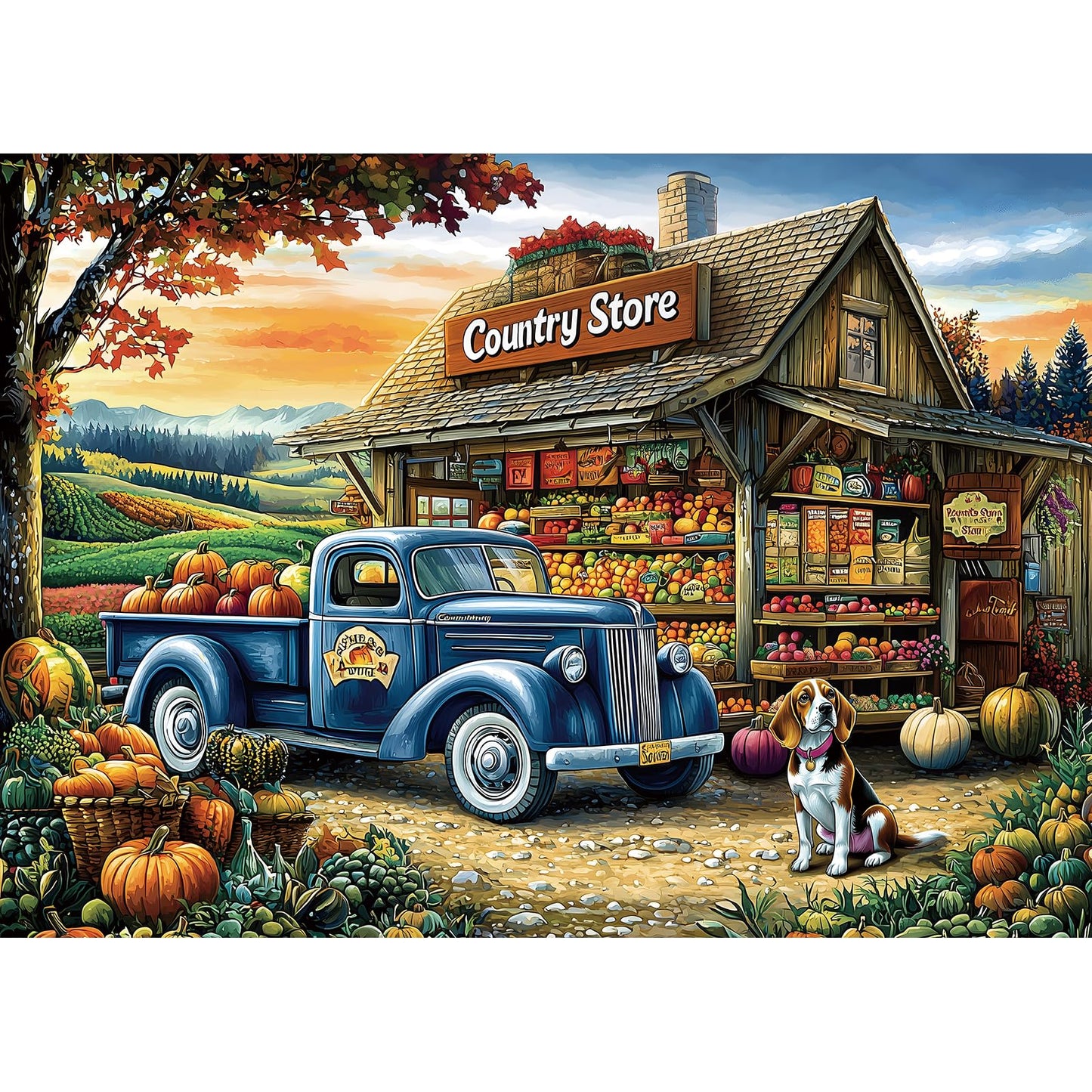 PuzzOne 1000-Piece Country Store Fall Puzzle with Vintage Truck – 27.5 x 19.7 in