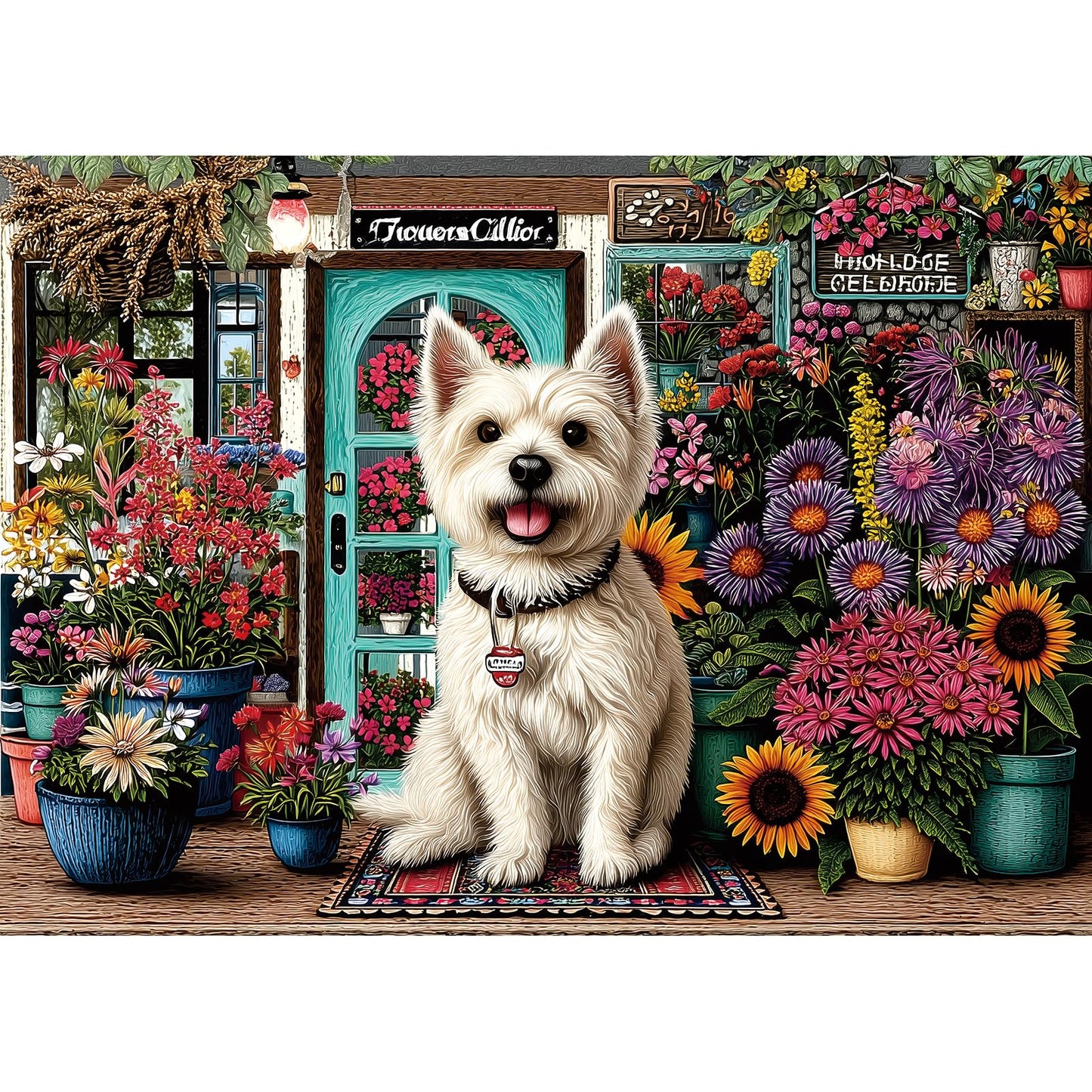 PuzzOne Dog Flower Shop 1000-Piece Puzzle for Adults | Colorful Garden Scene