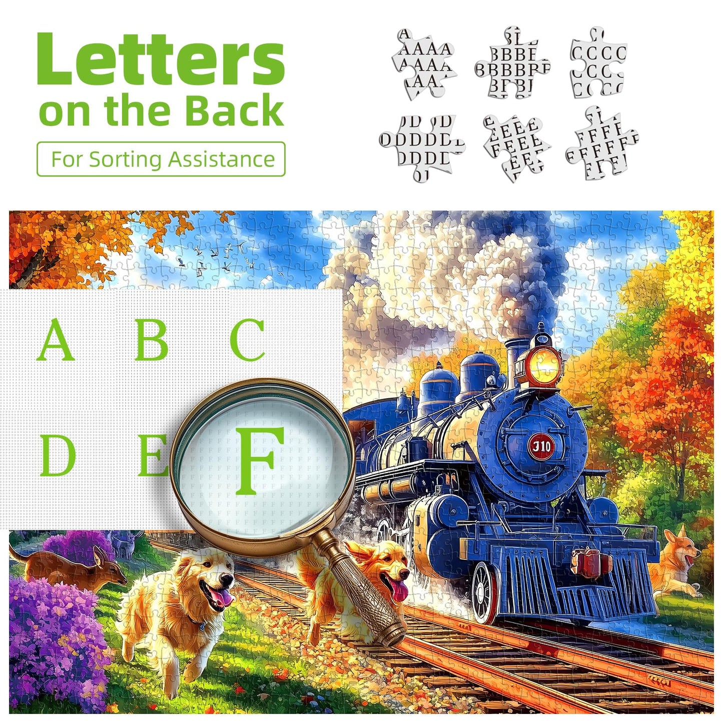 PuzzOne 1000-Piece Puzzle for Adults — Vintage Steam Train & Golden Retrievers (27.5 x 19.7 in)