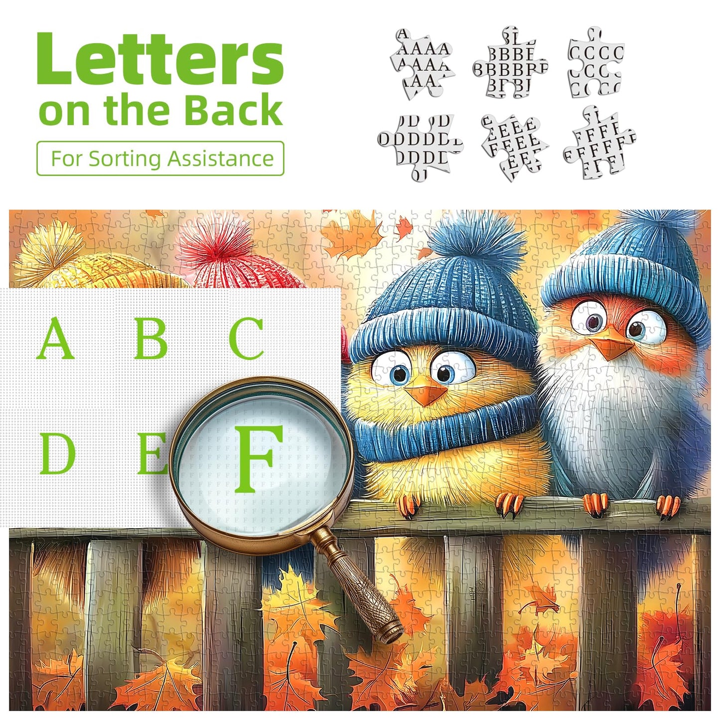 PuzzOne Autumn Birds 500-Piece Jigsaw Puzzle for Adults — Cute Fall Nature with Letters on Back