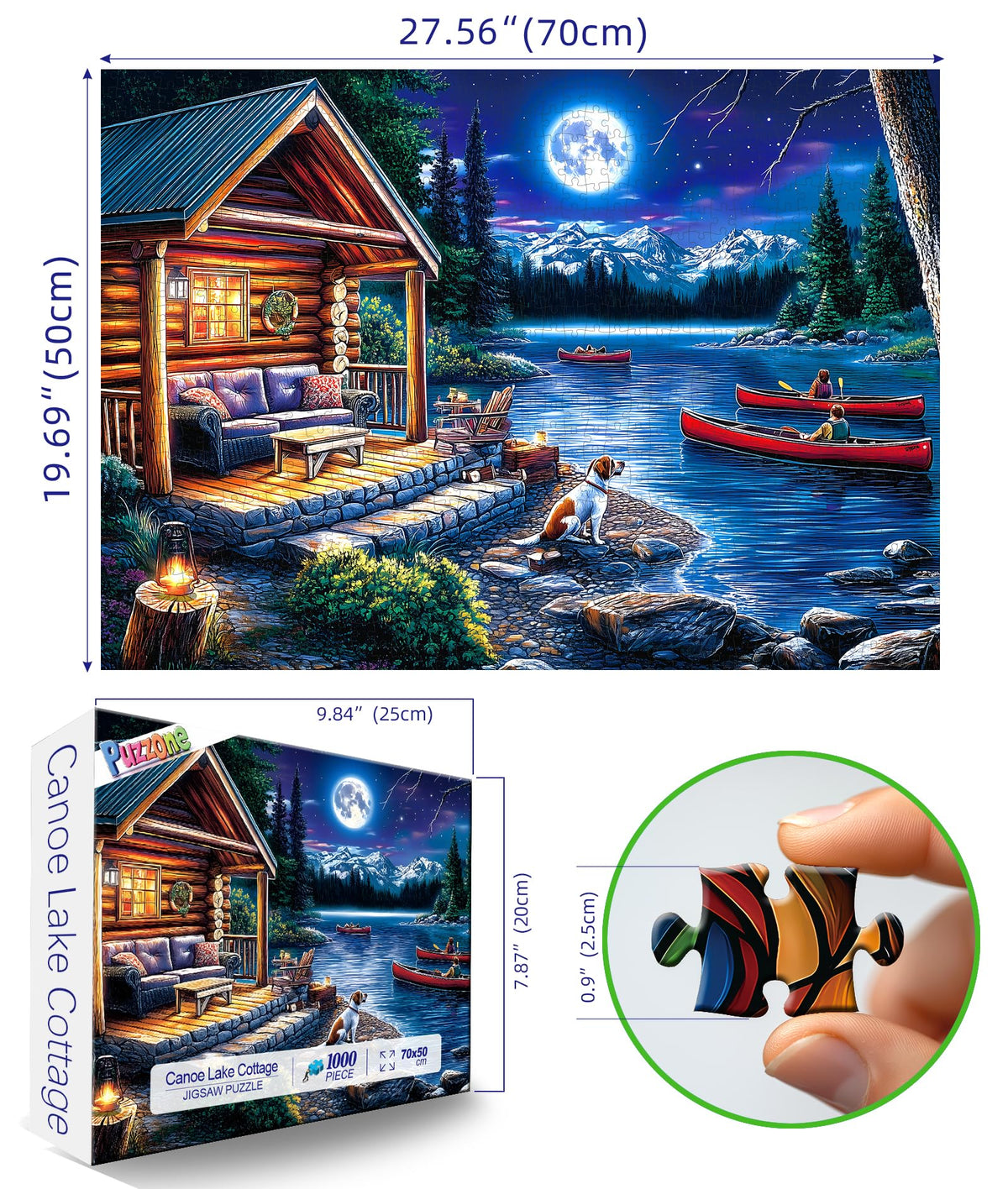 PuzzOne Moonlit Canoe Lake Cottage 1000-Pieces Puzzle – Finished Size 27.5 x 19.7