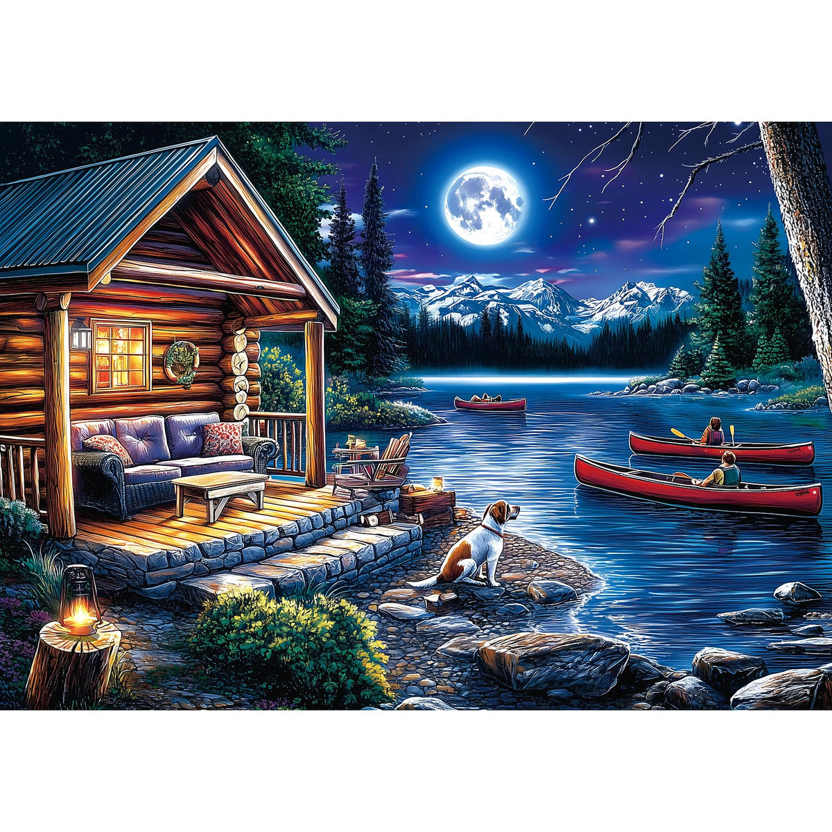 PuzzOne Moonlit Canoe Lake Cottage 1000-Pieces Puzzle – Finished Size 27.5 x 19.7