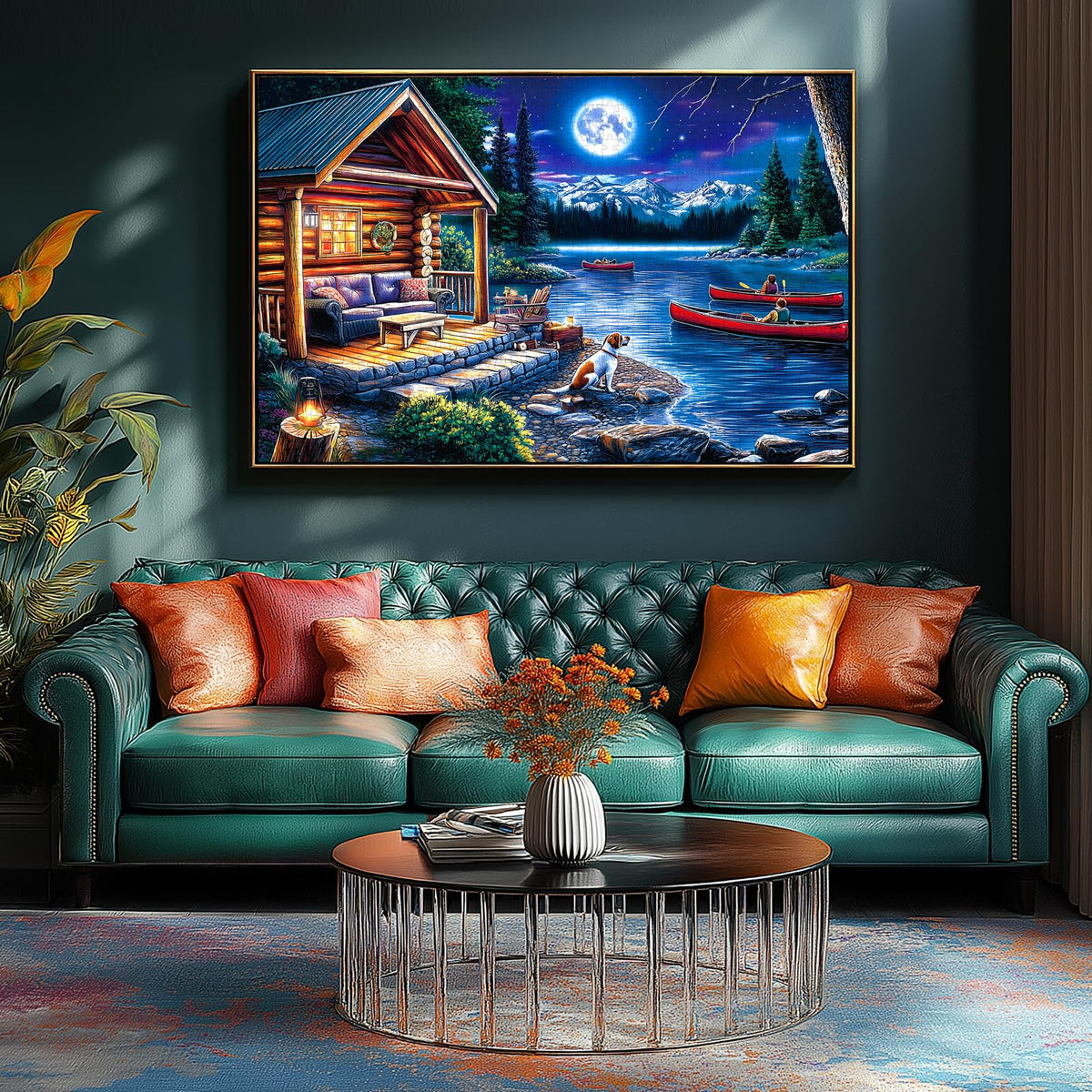PuzzOne Moonlit Canoe Lake Cottage 1000-Pieces Puzzle – Finished Size 27.5 x 19.7