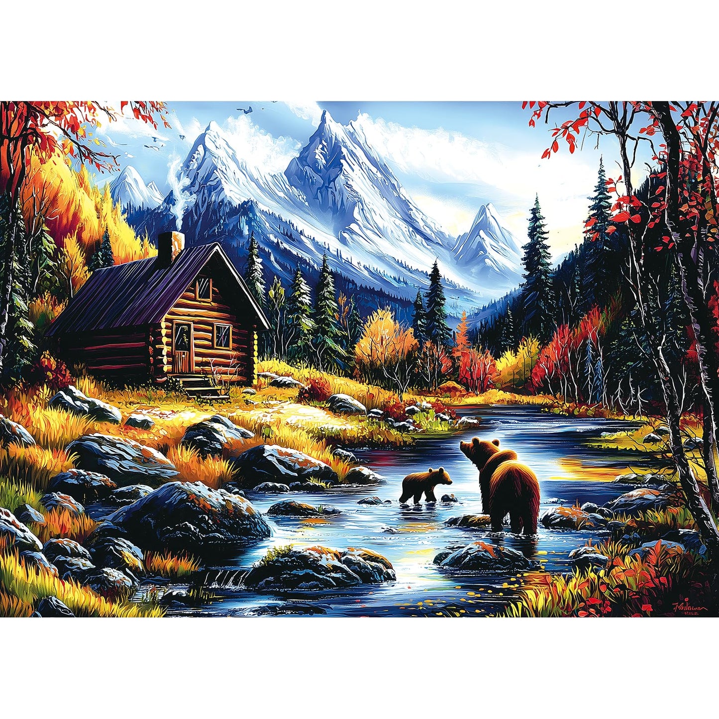 PuzzOne Mountain Escape 1000-Piece Puzzle – Bears Cabin & Snow Peaks, 27.5 x 19.7 in