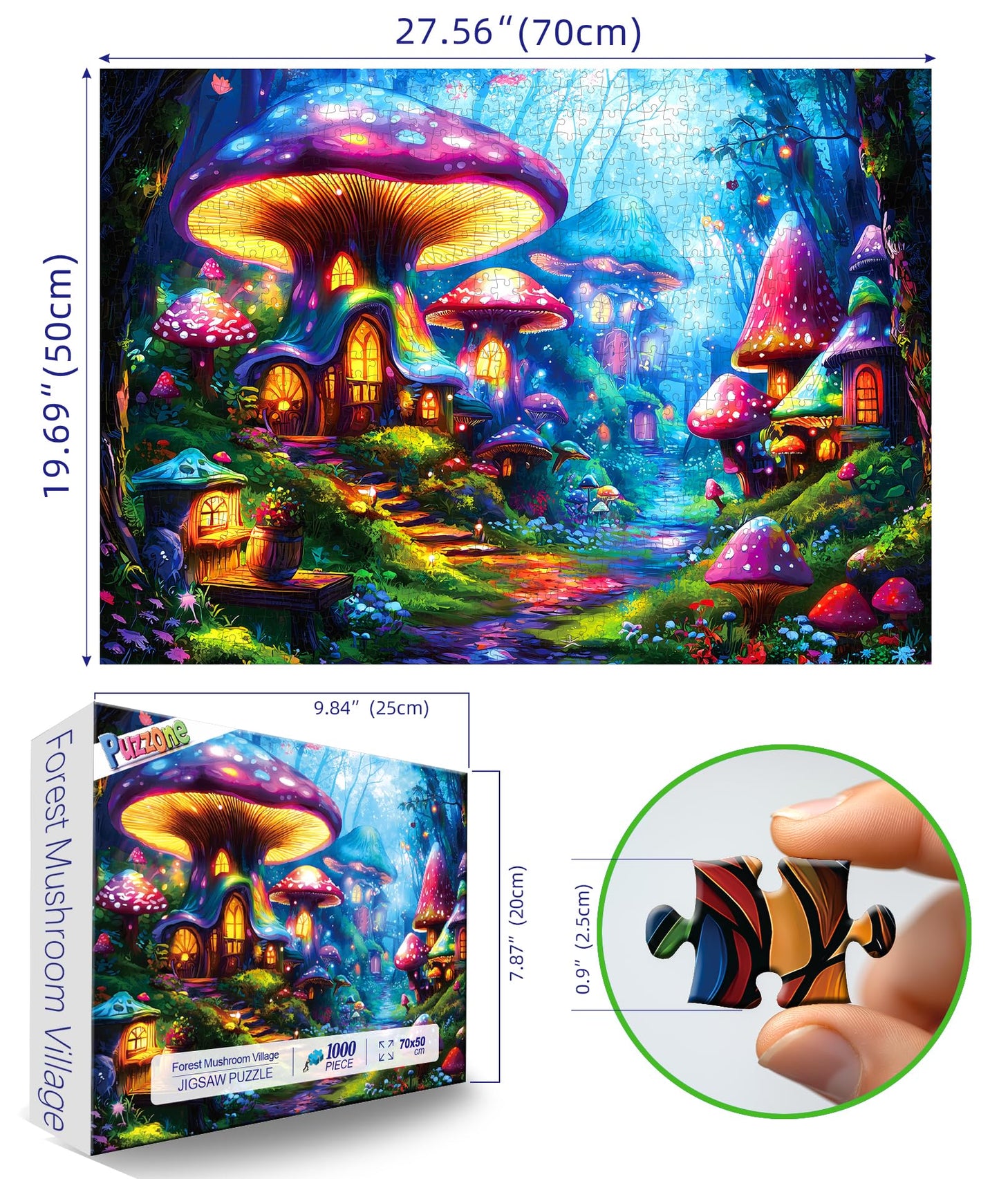 PuzzOne Mushroom Village 1000-Piece Jigsaw Puzzle – Forest Night Fantasy, 27.5 x 19.7 in