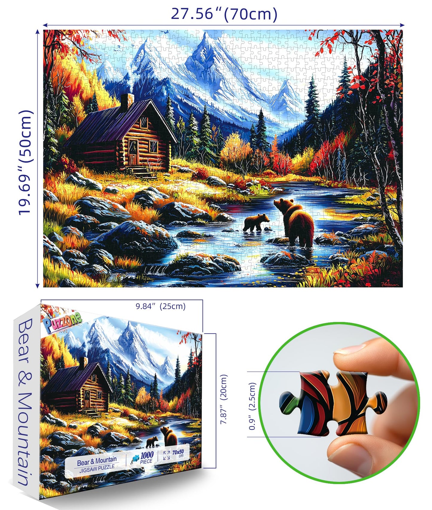 PuzzOne Mountain Escape 1000-Piece Puzzle – Bears Cabin & Snow Peaks, 27.5 x 19.7 in