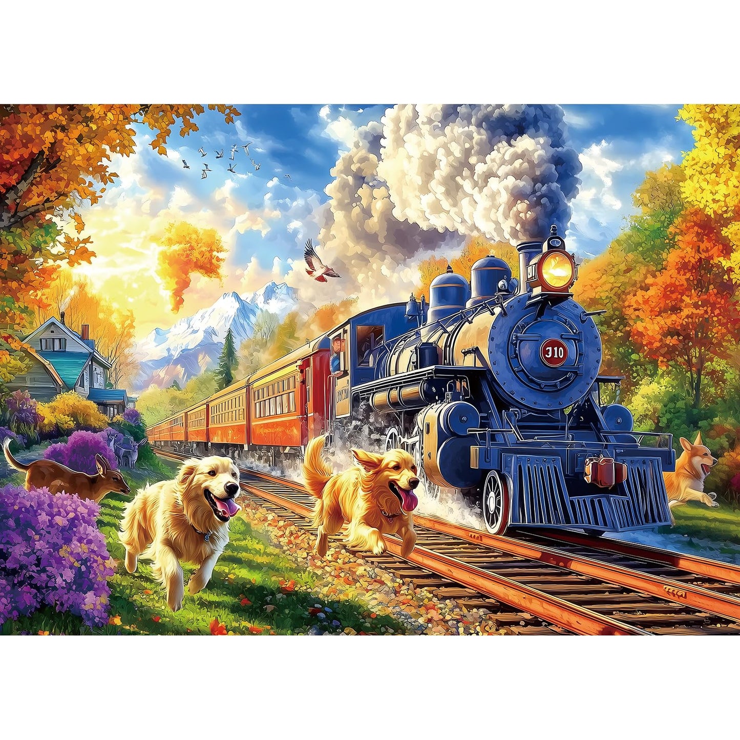 PuzzOne 1000-Piece Puzzle for Adults — Vintage Steam Train & Golden Retrievers (27.5 x 19.7 in)