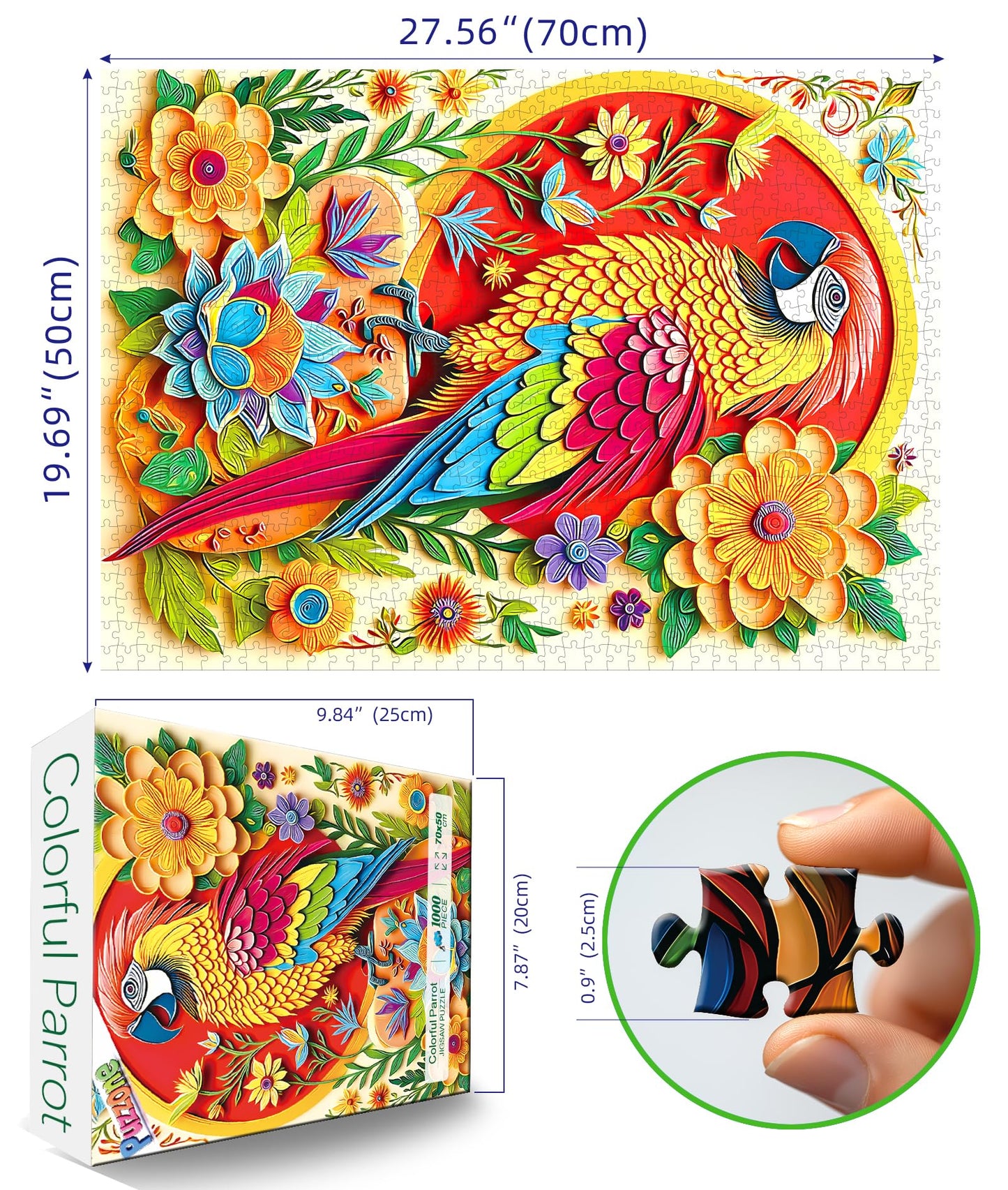 PuzzOne 1000 Piece Puzzle for Adults – Colorful Parrot & Floral Design with Lettered Back, 27.5in x 19.7in