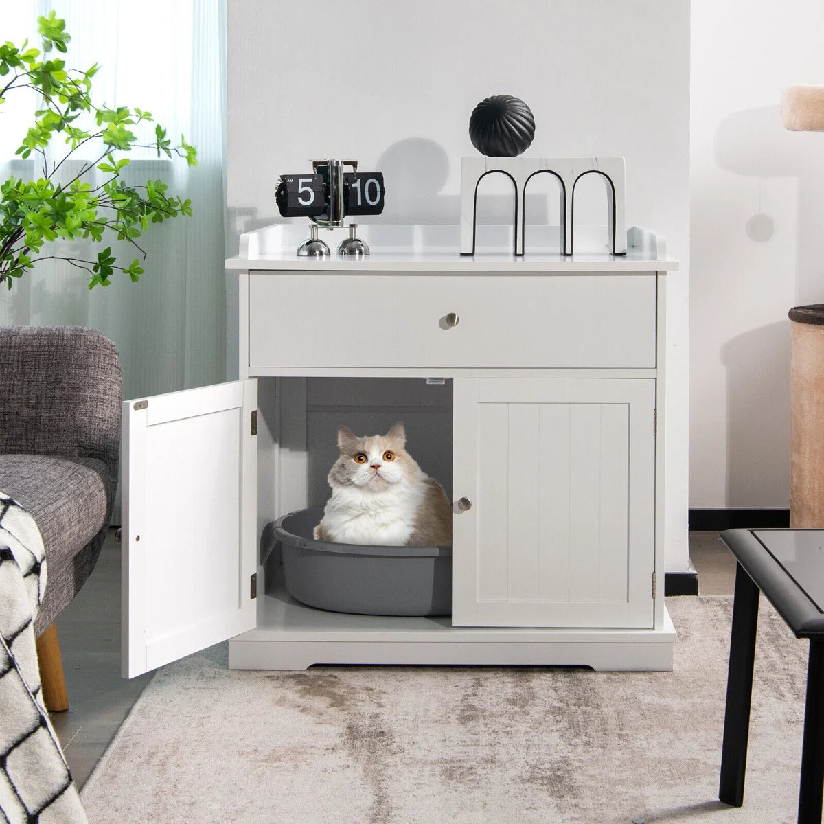 Large Wooden Cat Litter Box Hidden Washroom Toilet with Drawer-Black